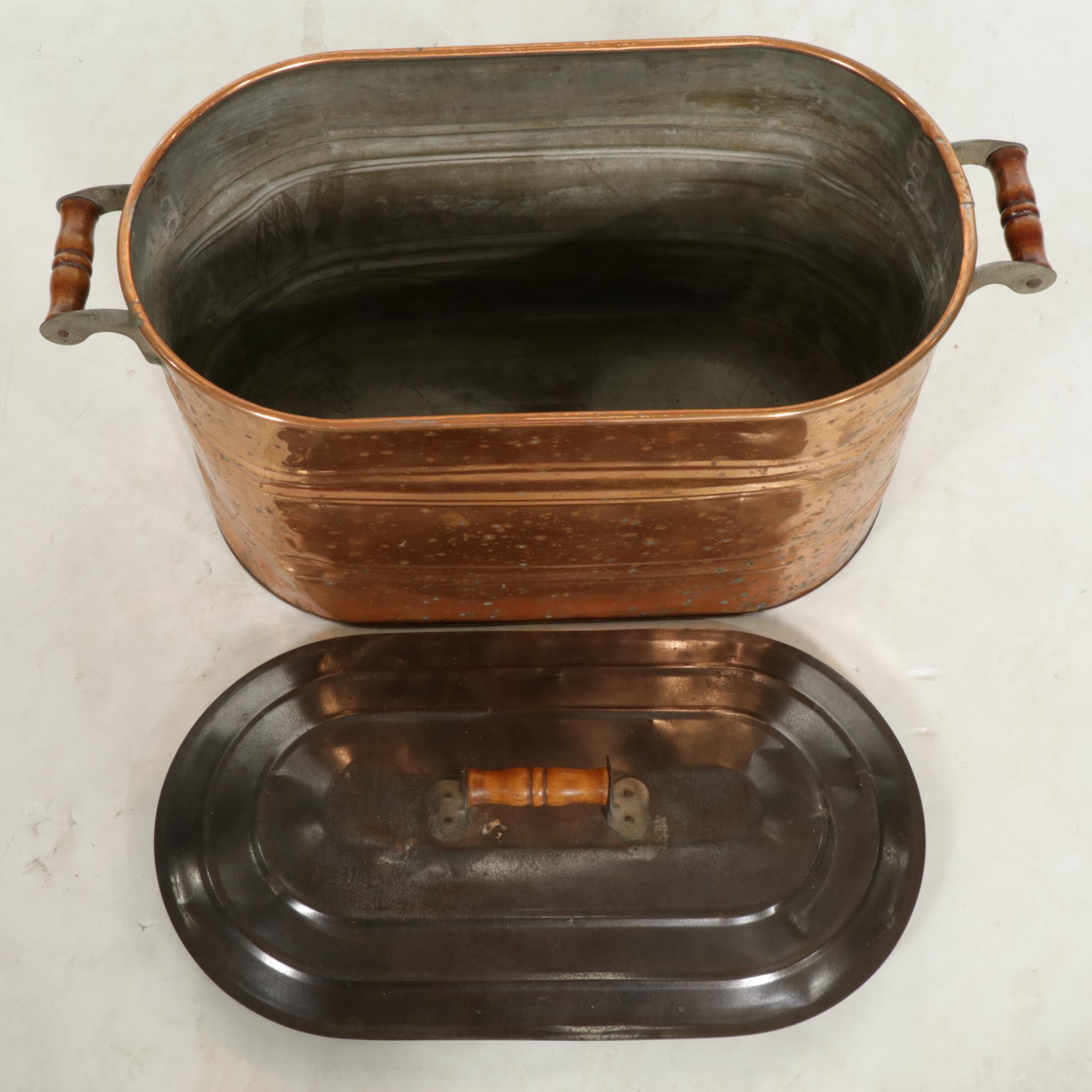 Oval Copper Boiling Pot with Metal Lid, Early 20th Century