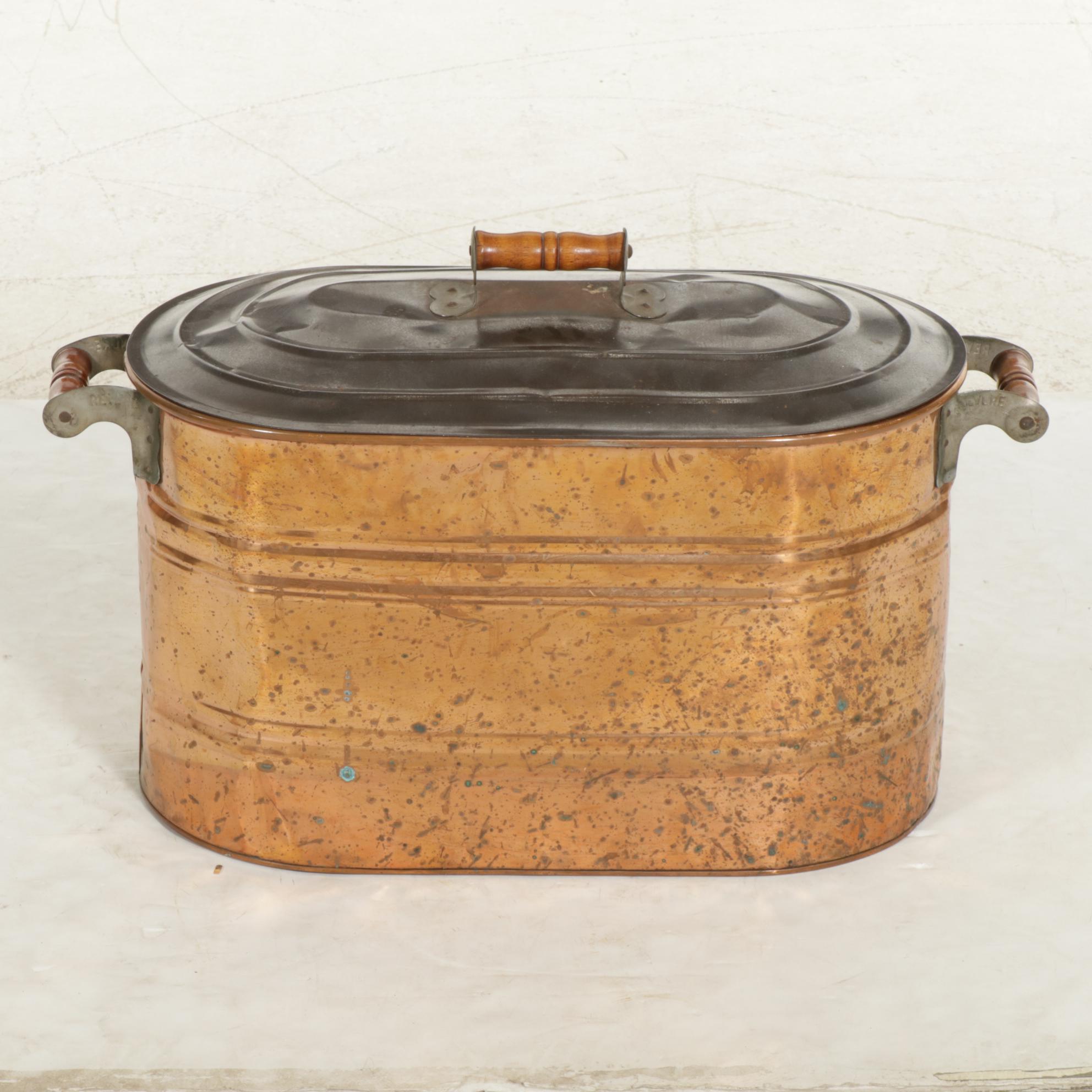 Oval Copper Boiling Pot with Metal Lid, Early 20th Century