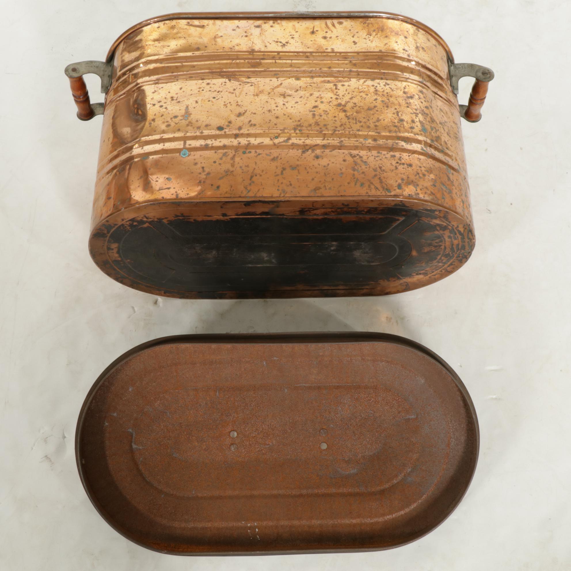 Oval Copper Boiling Pot with Metal Lid, Early 20th Century