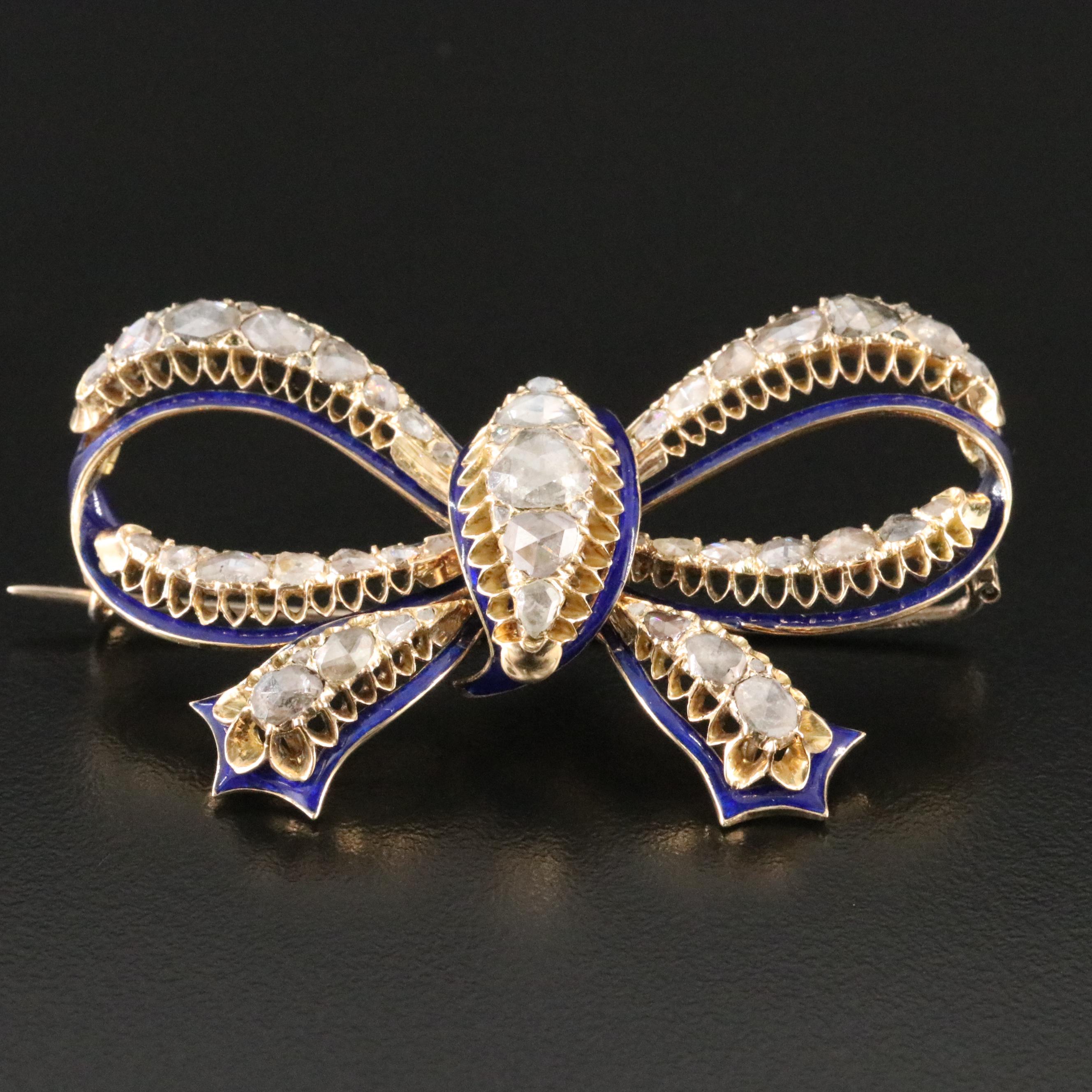 Victorian 14K Diamond and Enamel Bow Brooch