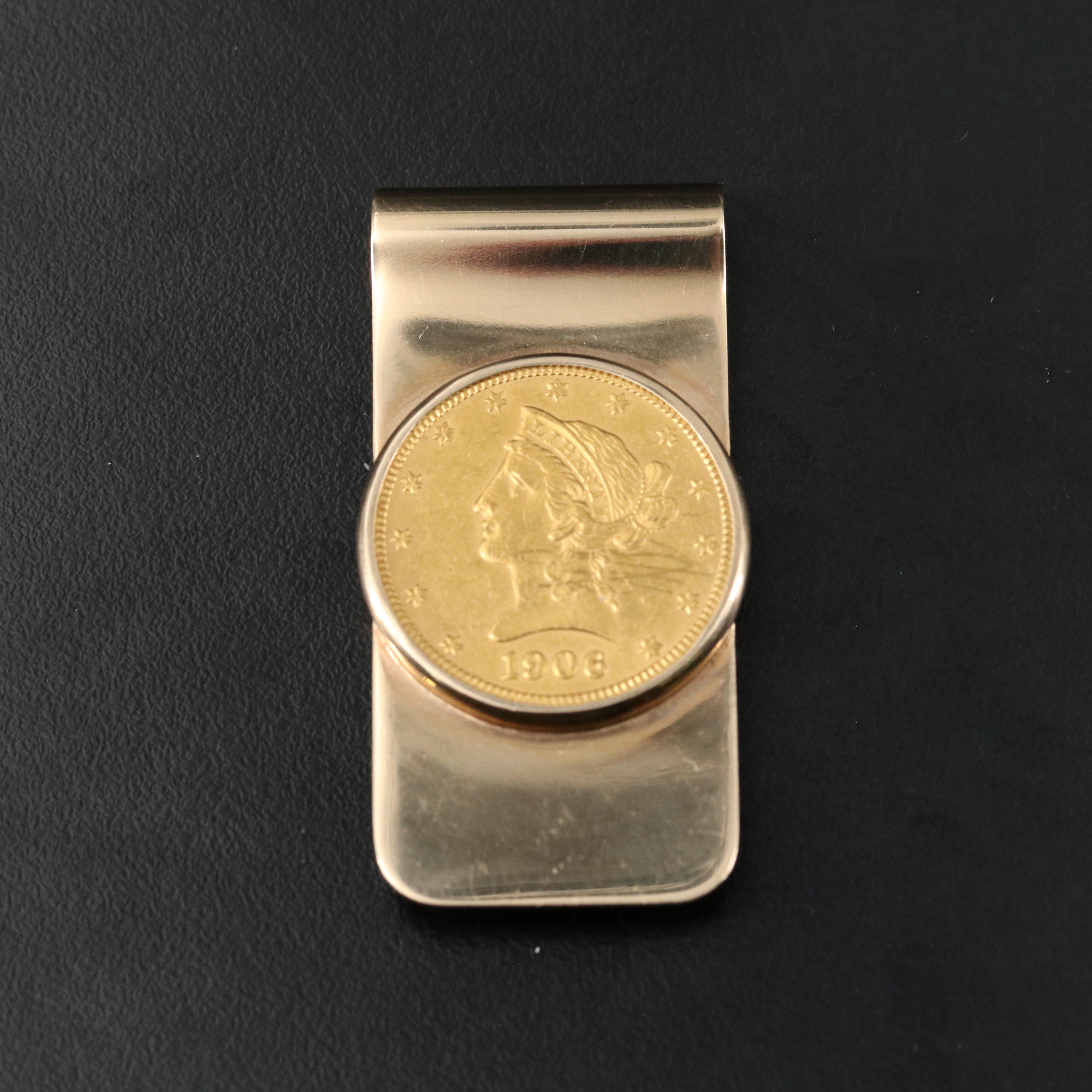 1906 Liberty Head $10 Gold Eagle Coin Mounted in a 14K Money Clip