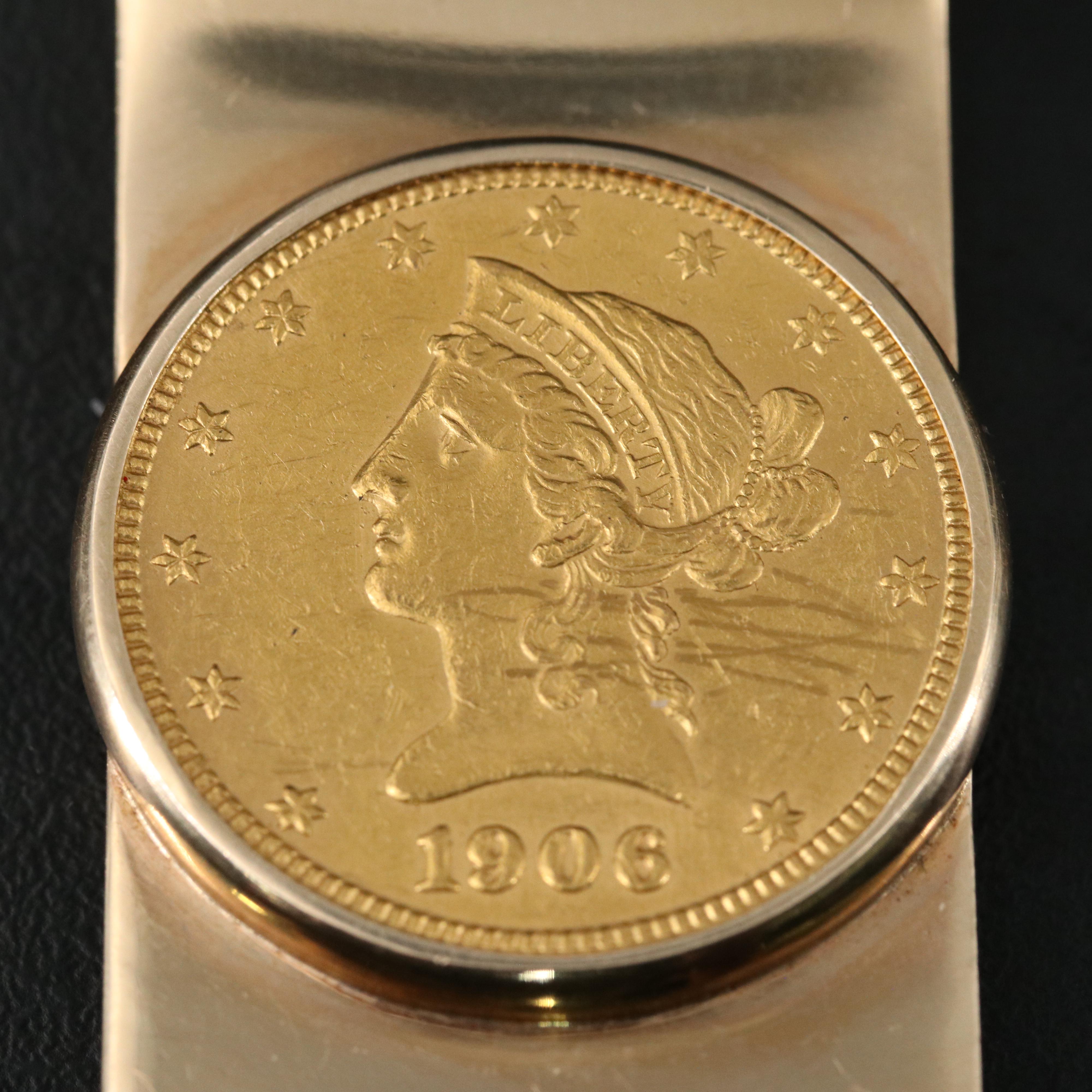 1906 Liberty Head $10 Gold Eagle Coin Mounted in a 14K Money Clip