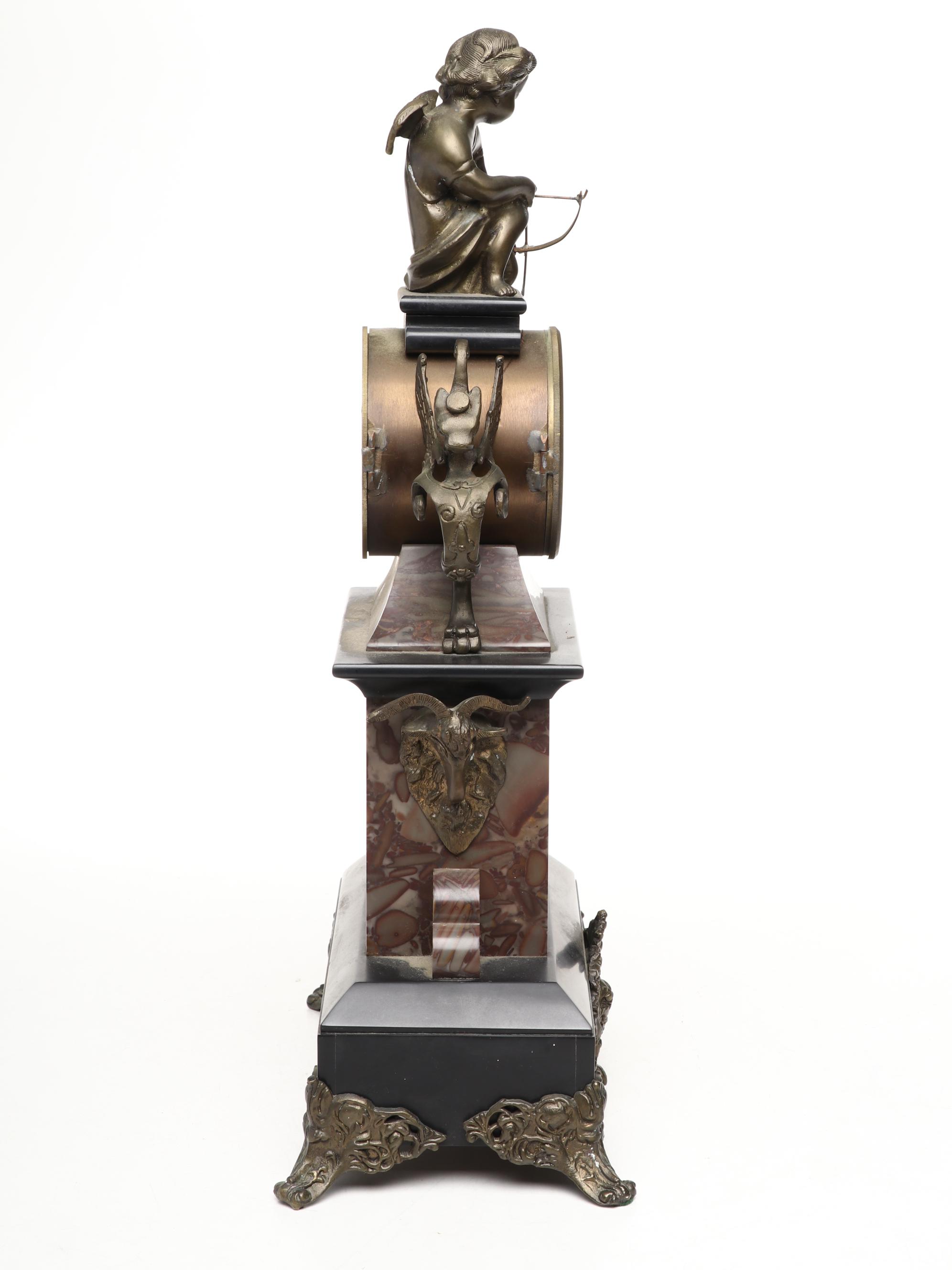 Ornate French Style Bronze and Marble Mantel Clock with Cupid Motif