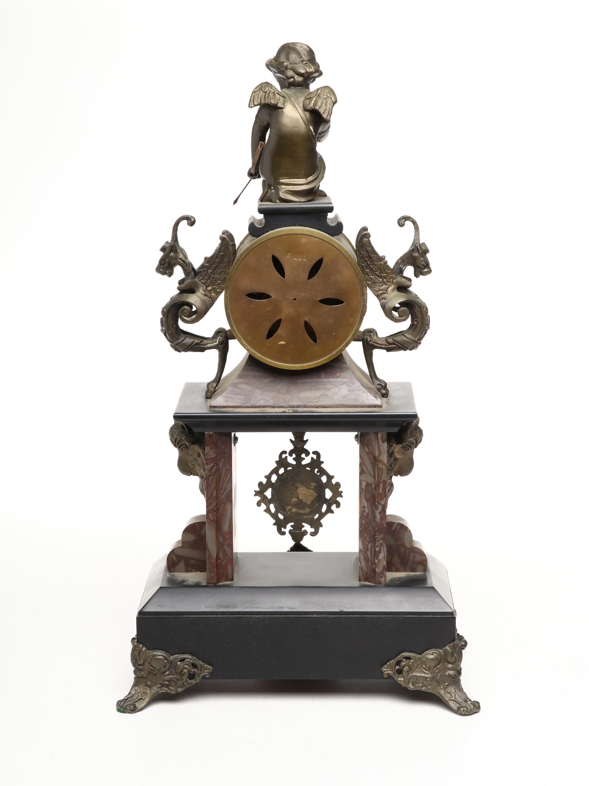 Ornate French Style Bronze and Marble Mantel Clock with Cupid Motif