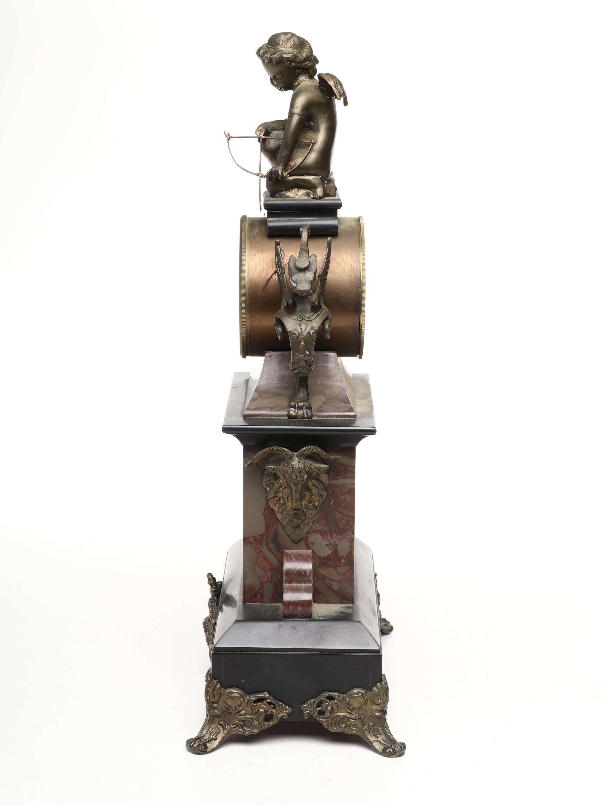 Ornate French Style Bronze and Marble Mantel Clock with Cupid Motif