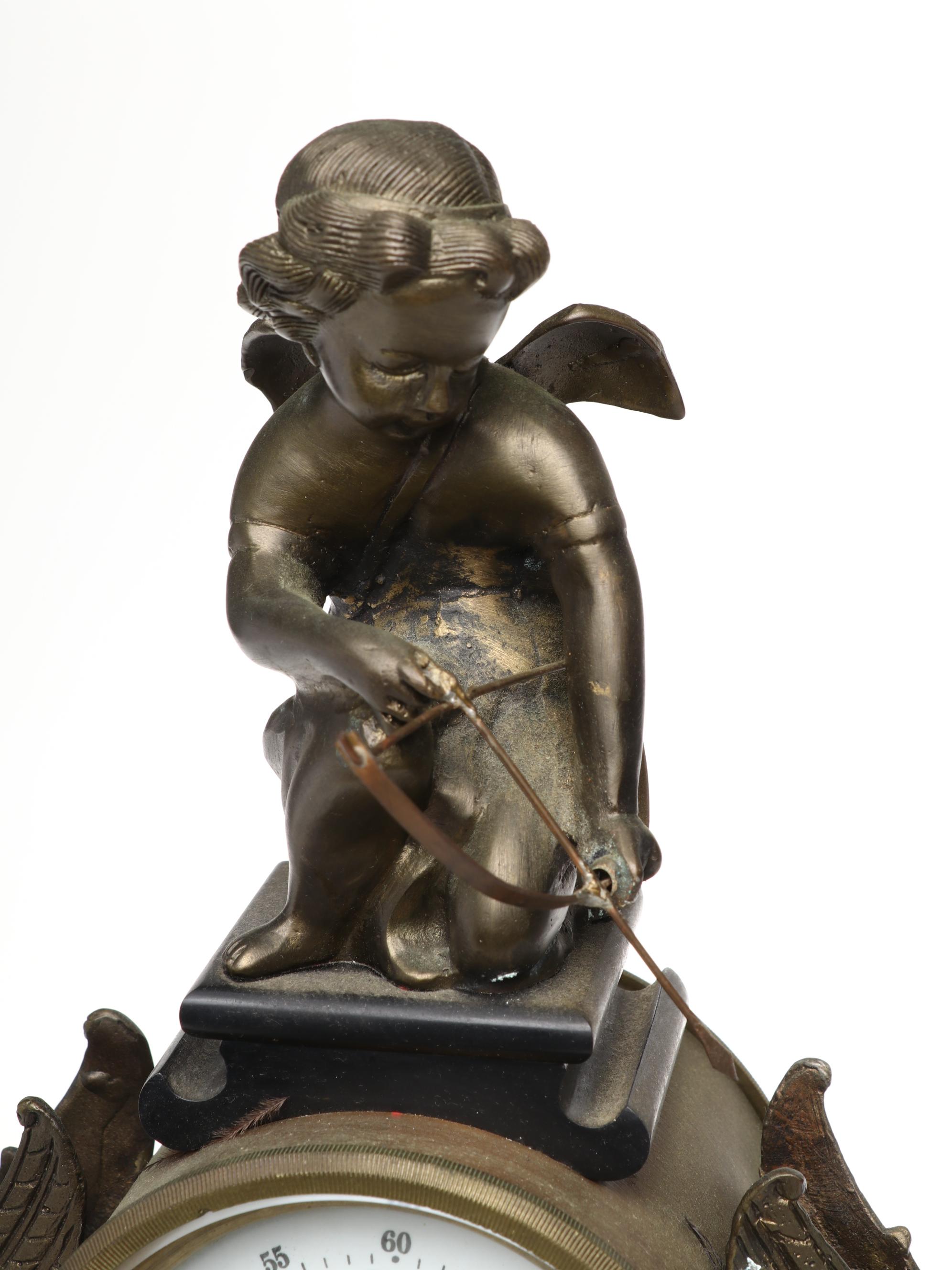 Ornate French Style Bronze and Marble Mantel Clock with Cupid Motif