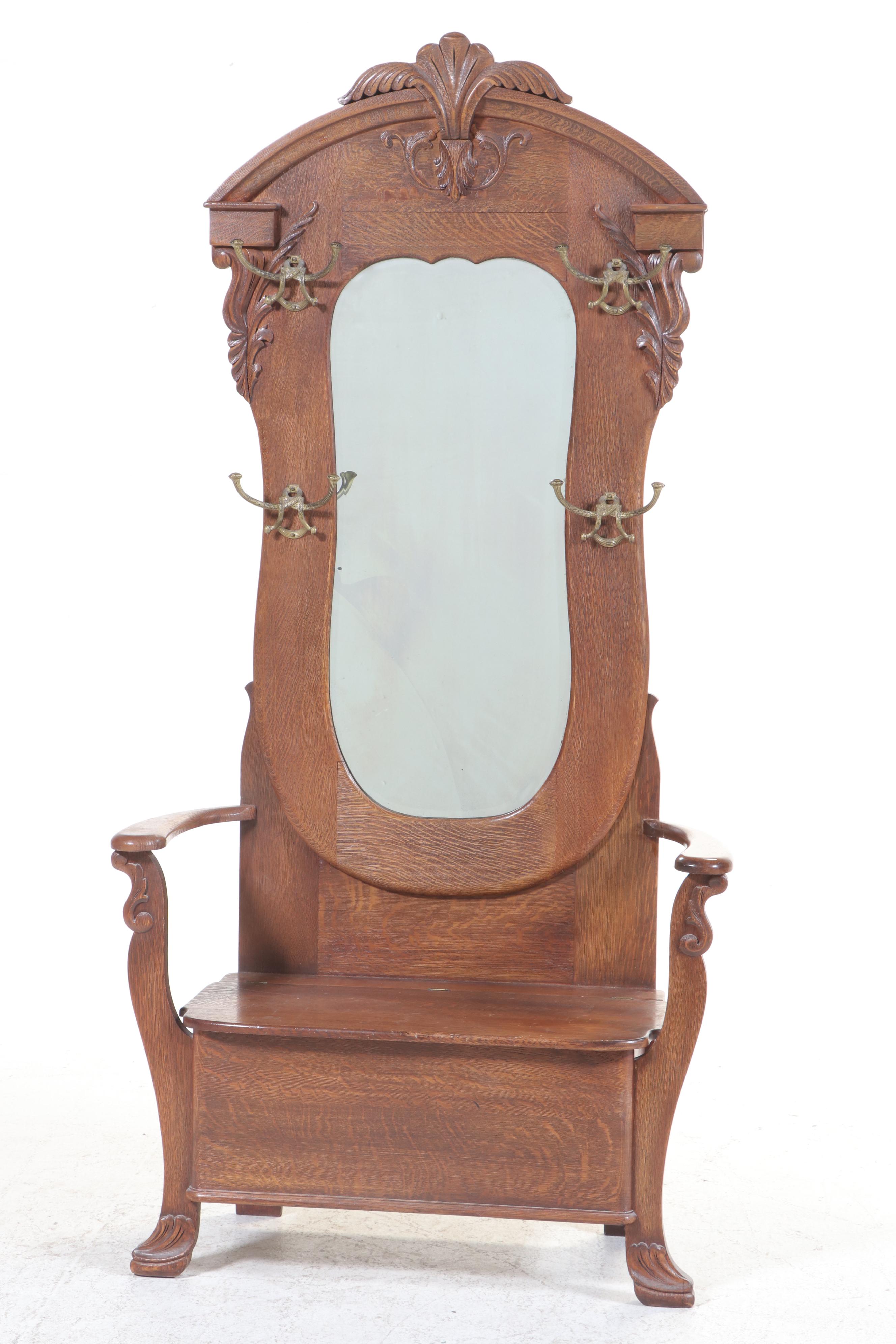 Late Victorian Carved and Quartersawn Oak Hall Seat, Circa 1900