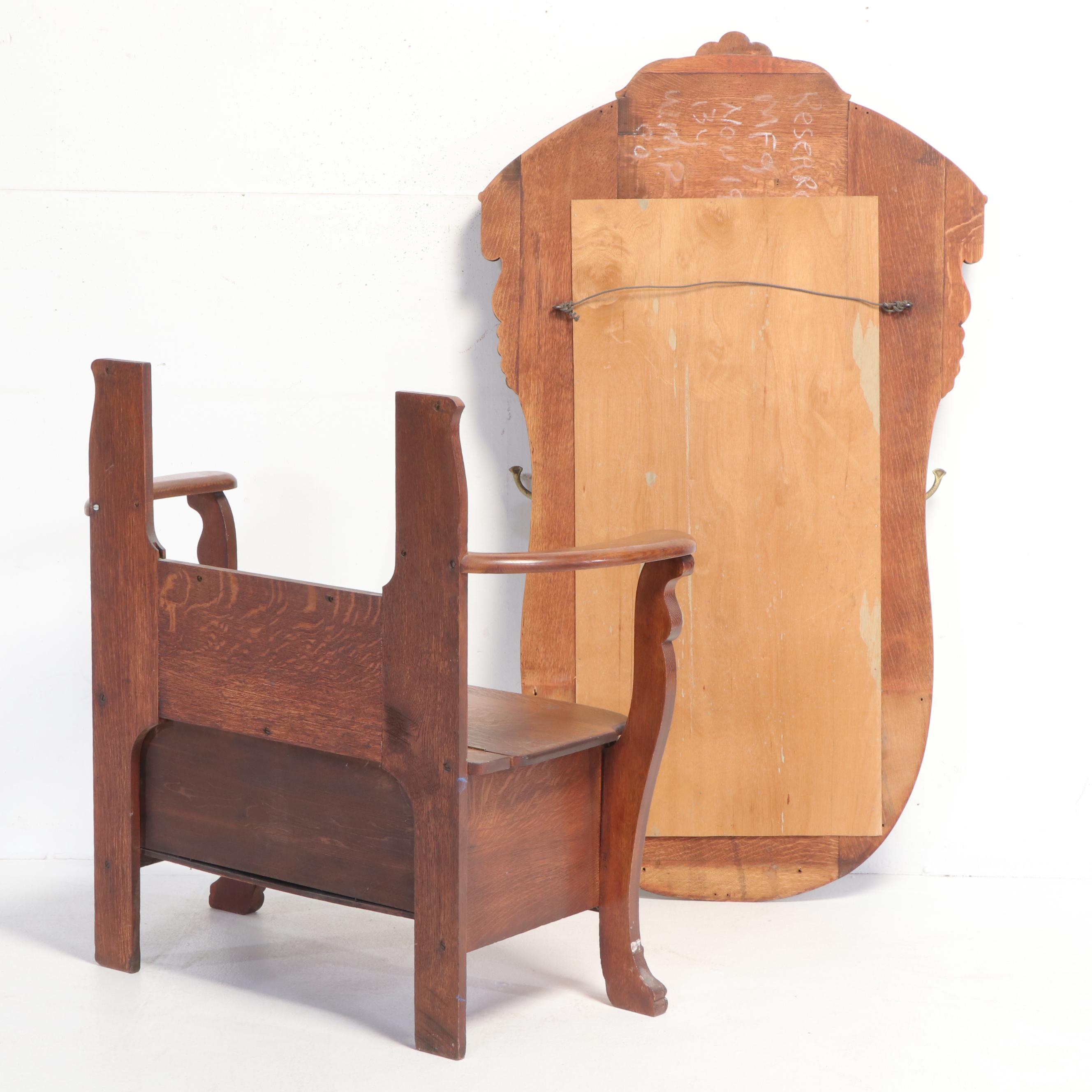 Late Victorian Carved and Quartersawn Oak Hall Seat, Circa 1900