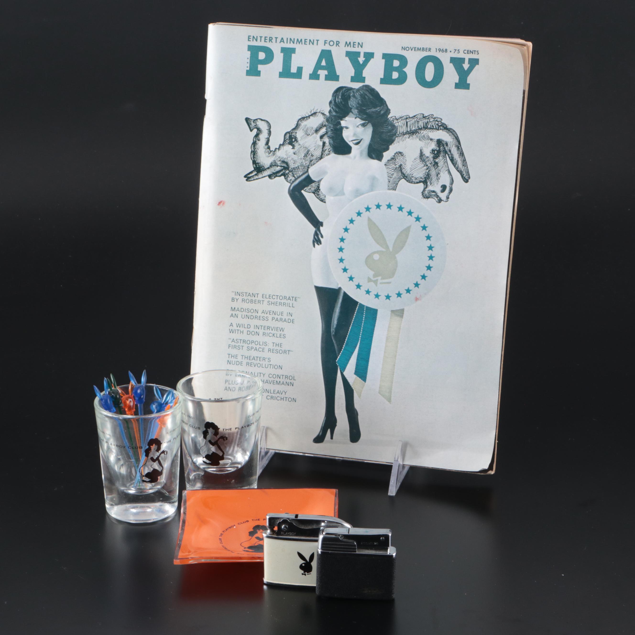 "Playboy" Nov. 1968 Issue with The Playboy Club Ashtray, Lighters & Shot Glasses
