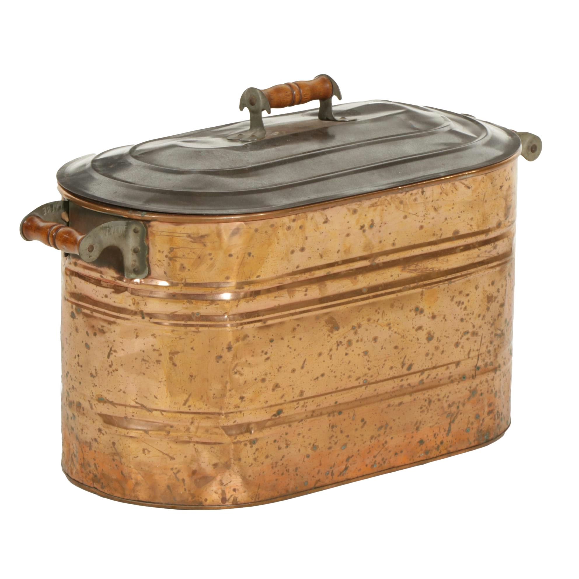 Oval Copper Boiling Pot with Metal Lid, Early 20th Century