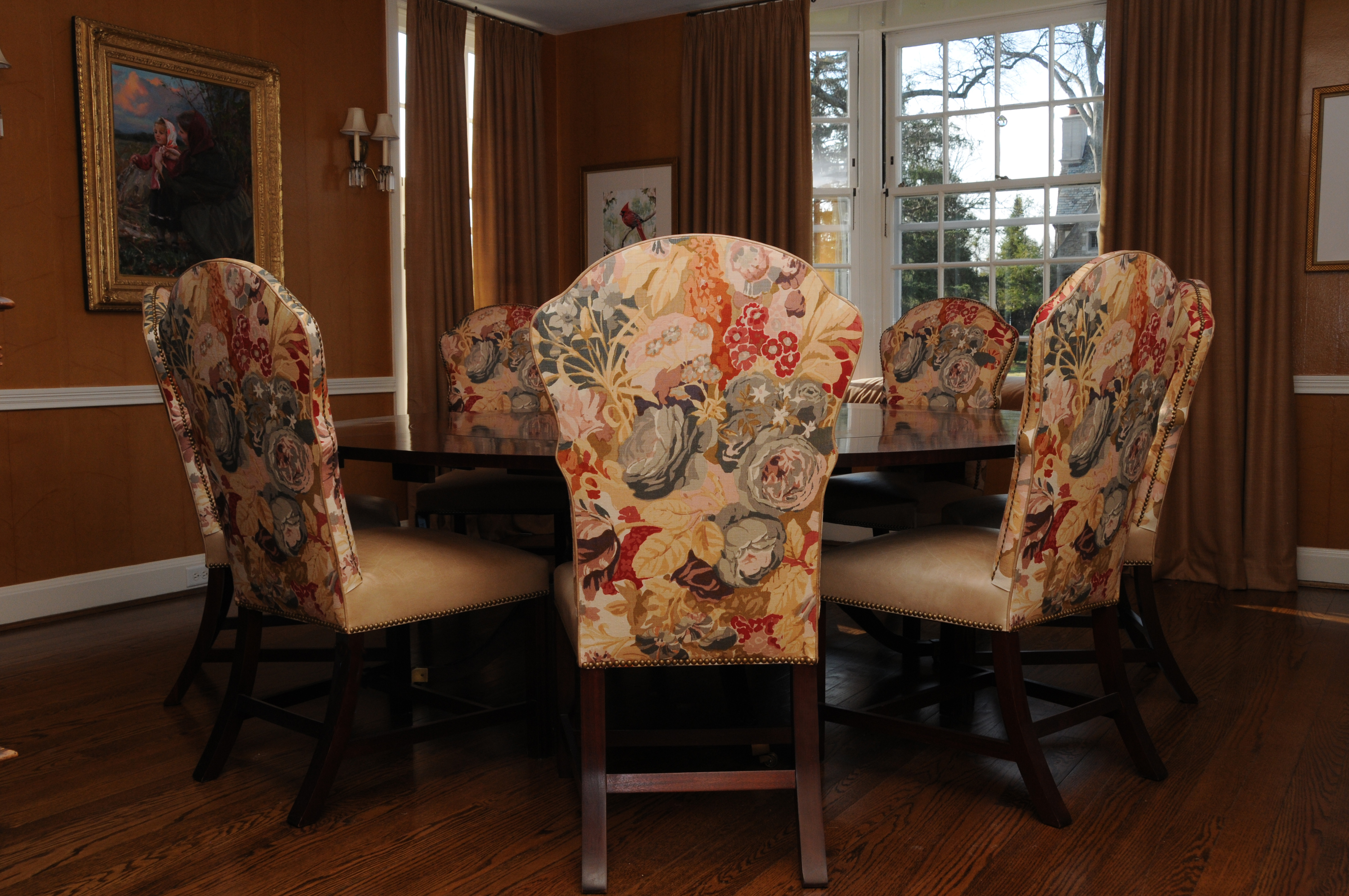 Regency Style Round Mahogany Dining Table and Hickory Chair "Marlboro" Chairs