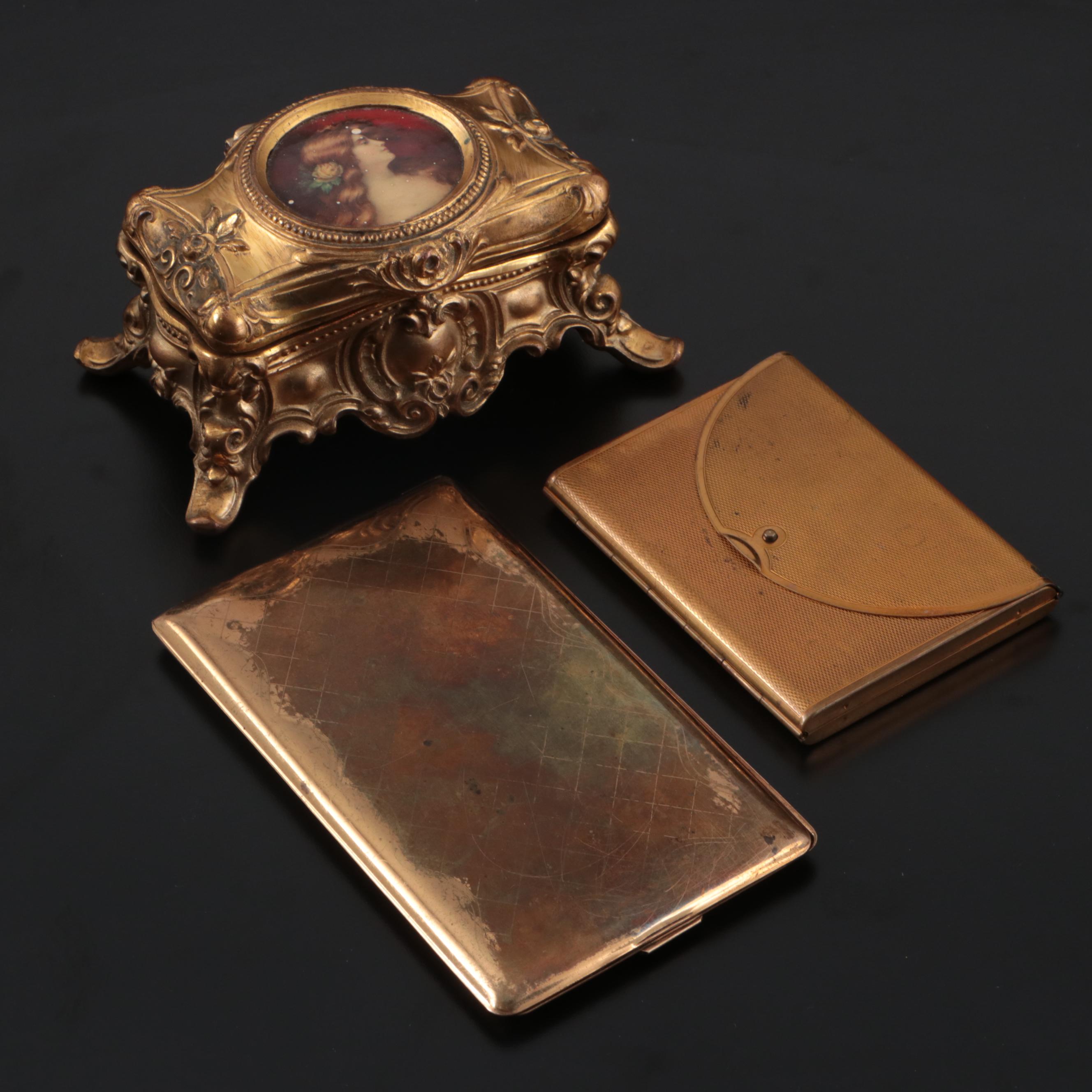 Elgin Guilloche Brass Cigarette Case, Jewelry Casket, Coty Gold Plate Compact