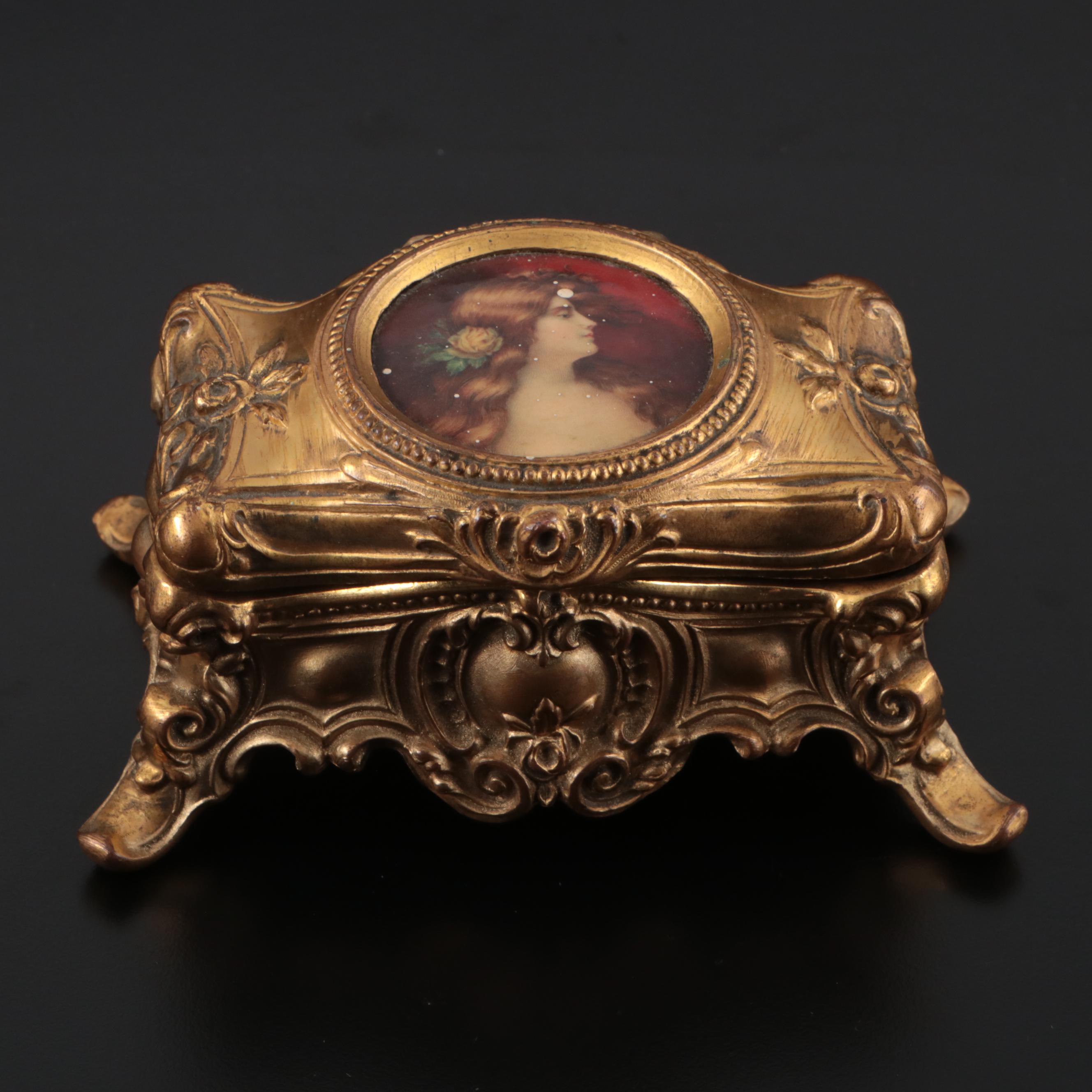 Elgin Guilloche Brass Cigarette Case, Jewelry Casket, Coty Gold Plate Compact