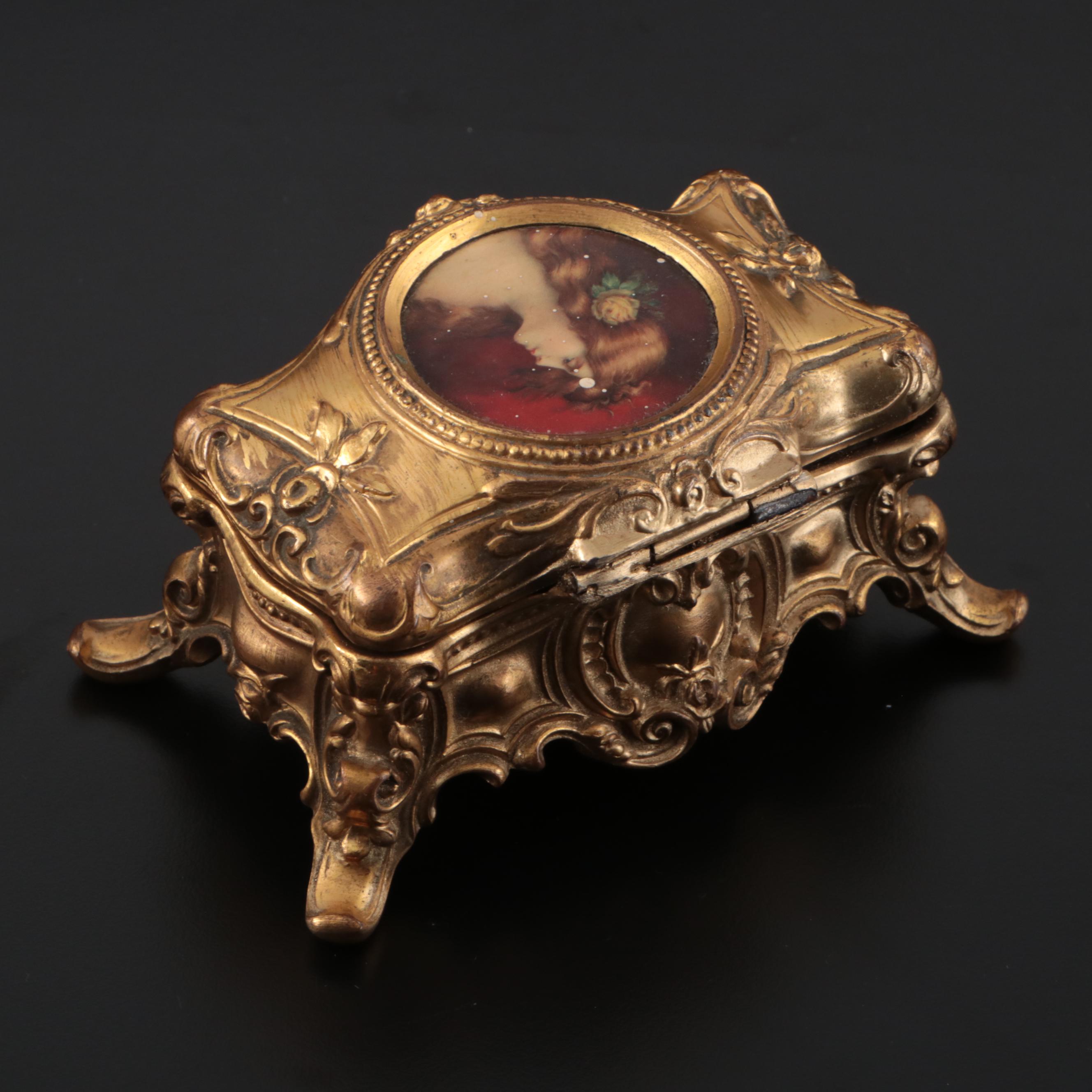 Elgin Guilloche Brass Cigarette Case, Jewelry Casket, Coty Gold Plate Compact