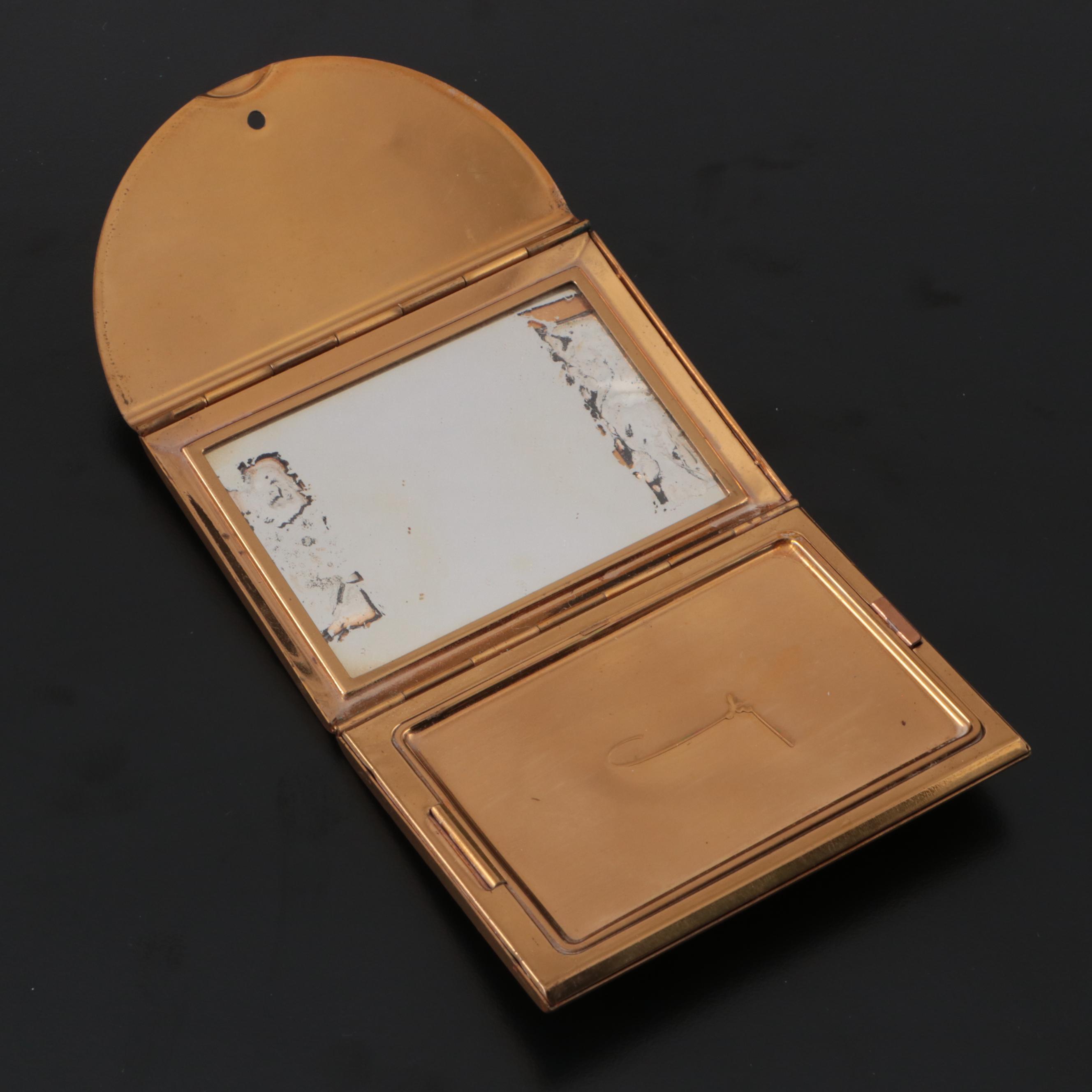 Elgin Guilloche Brass Cigarette Case, Jewelry Casket, Coty Gold Plate Compact