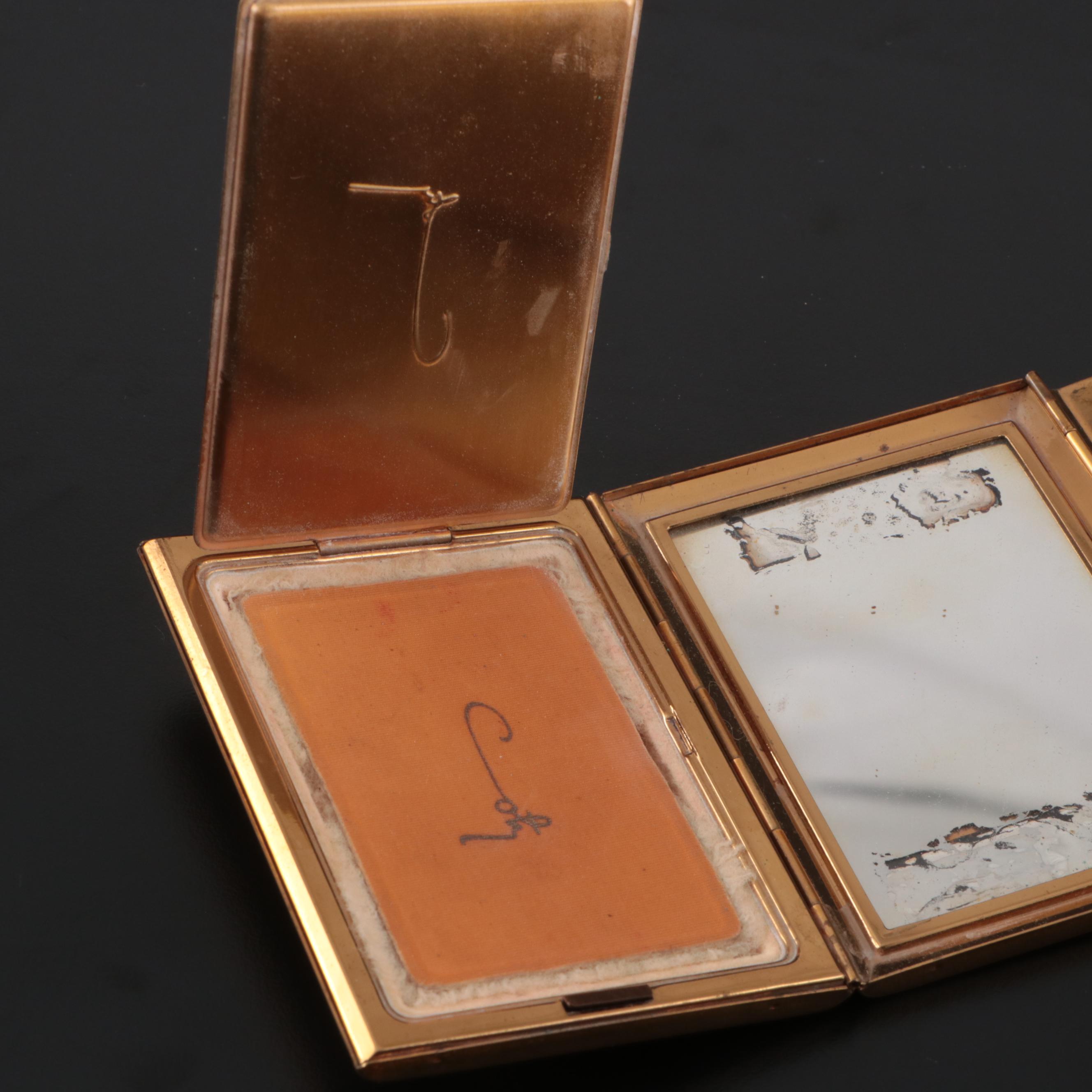 Elgin Guilloche Brass Cigarette Case, Jewelry Casket, Coty Gold Plate Compact