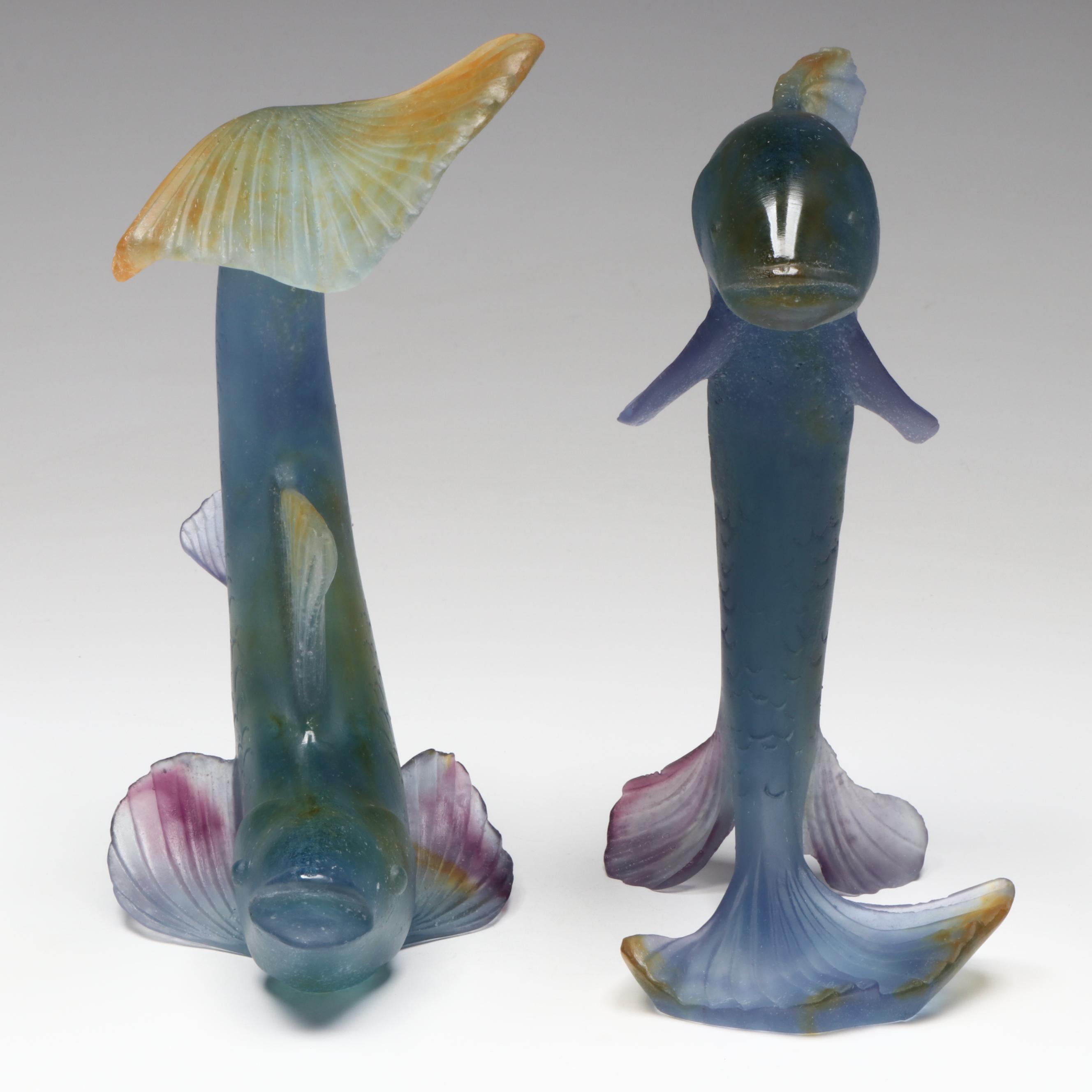 Daum Pâte de Verre "Jumping Fish" and "Diving Fish" Glass Sculptures
