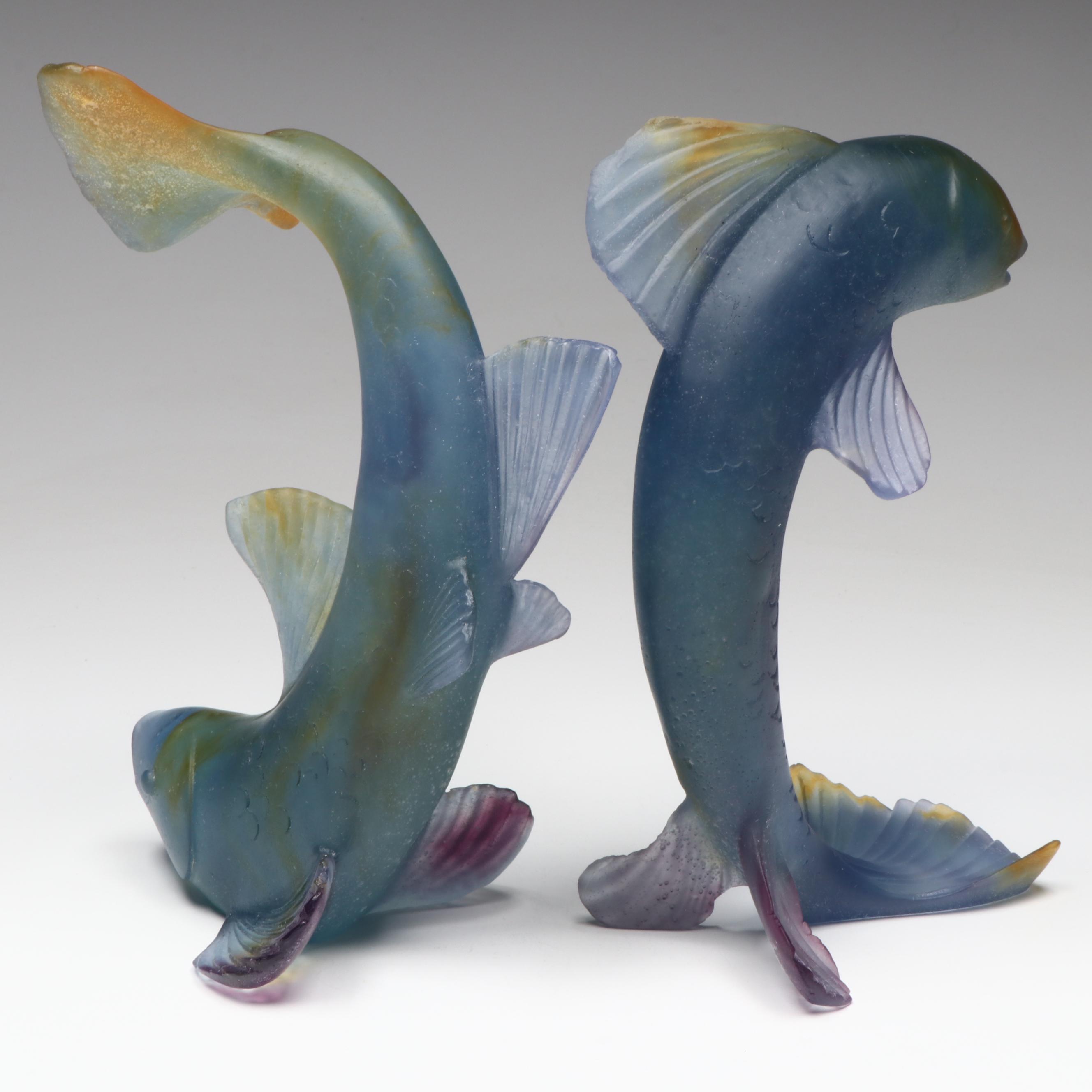 Daum Pâte de Verre "Jumping Fish" and "Diving Fish" Glass Sculptures