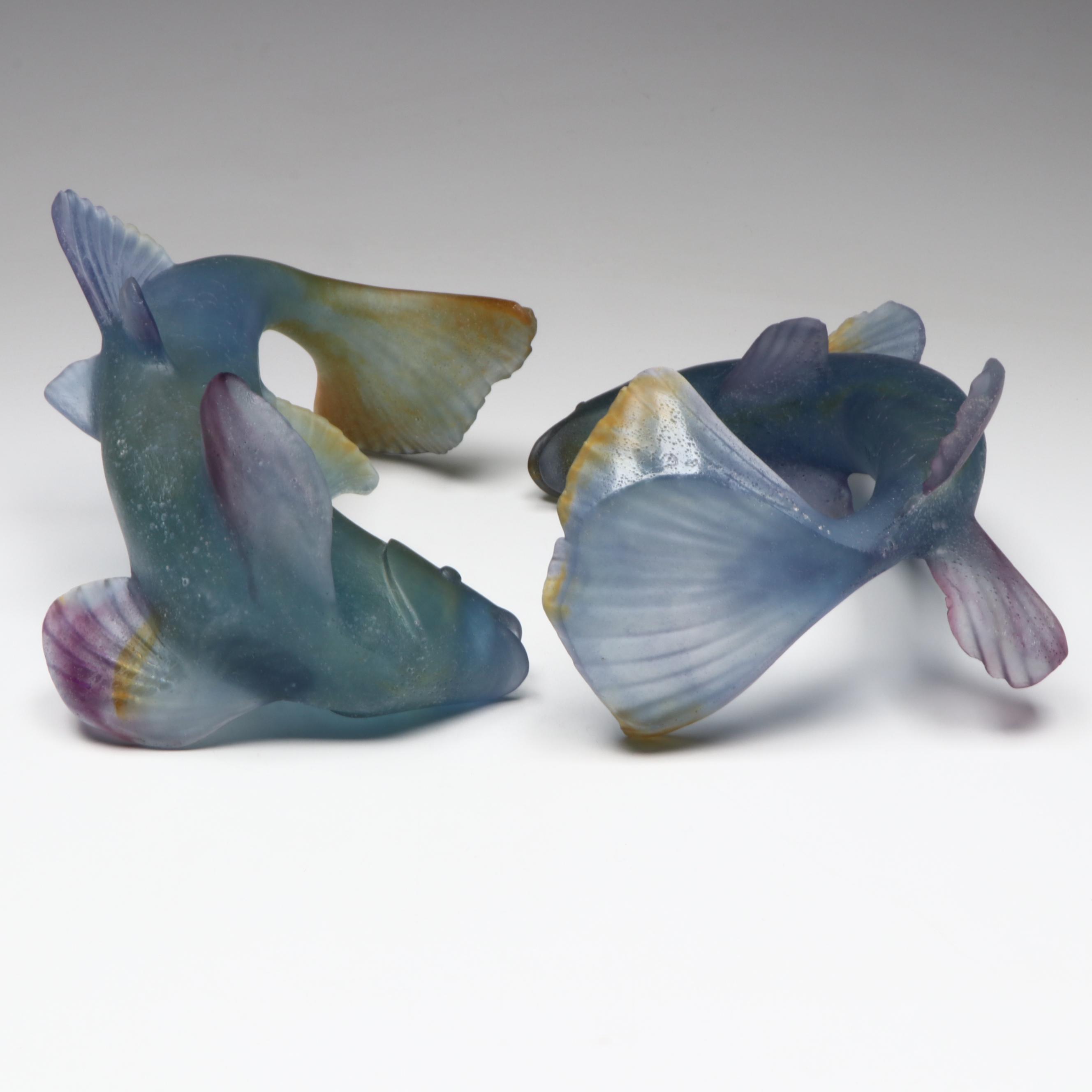 Daum Pâte de Verre "Jumping Fish" and "Diving Fish" Glass Sculptures