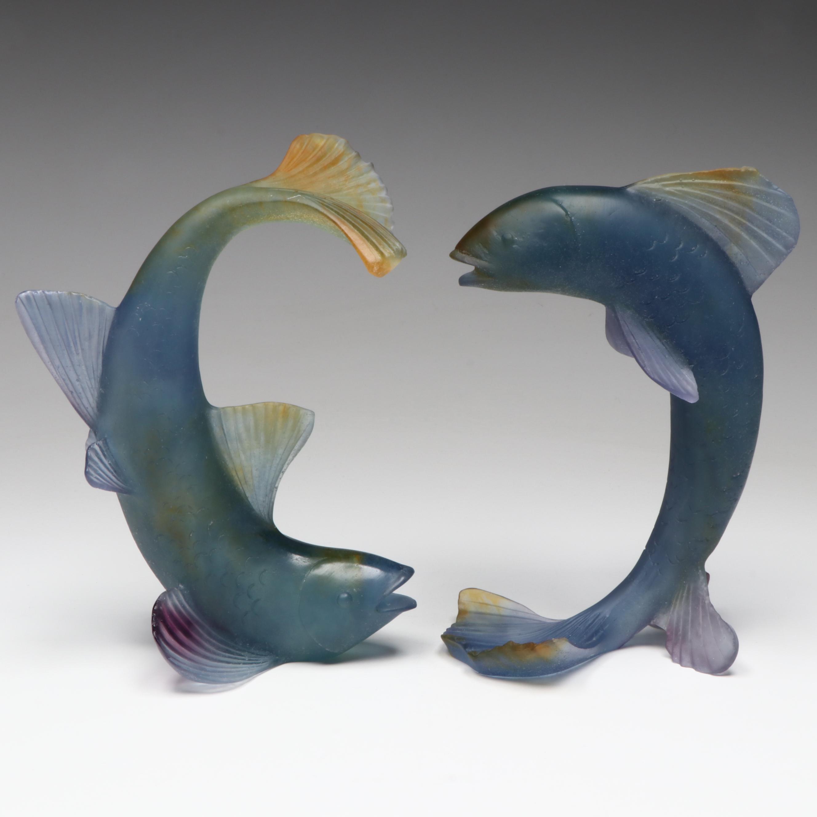 Daum Pâte de Verre "Jumping Fish" and "Diving Fish" Glass Sculptures