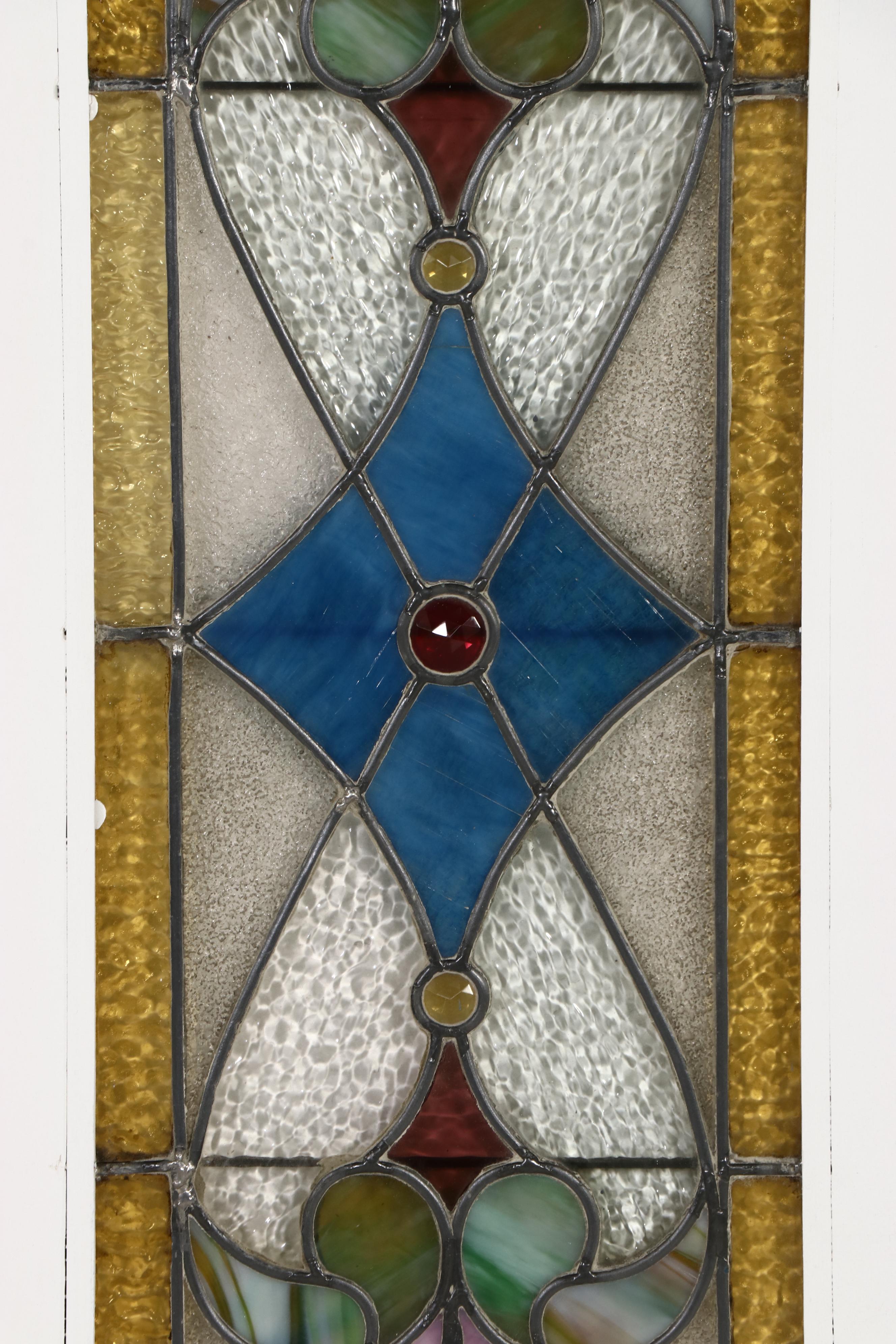 Pair of Art Nouveau Stained and Slag Glass Slim Panels in Frames