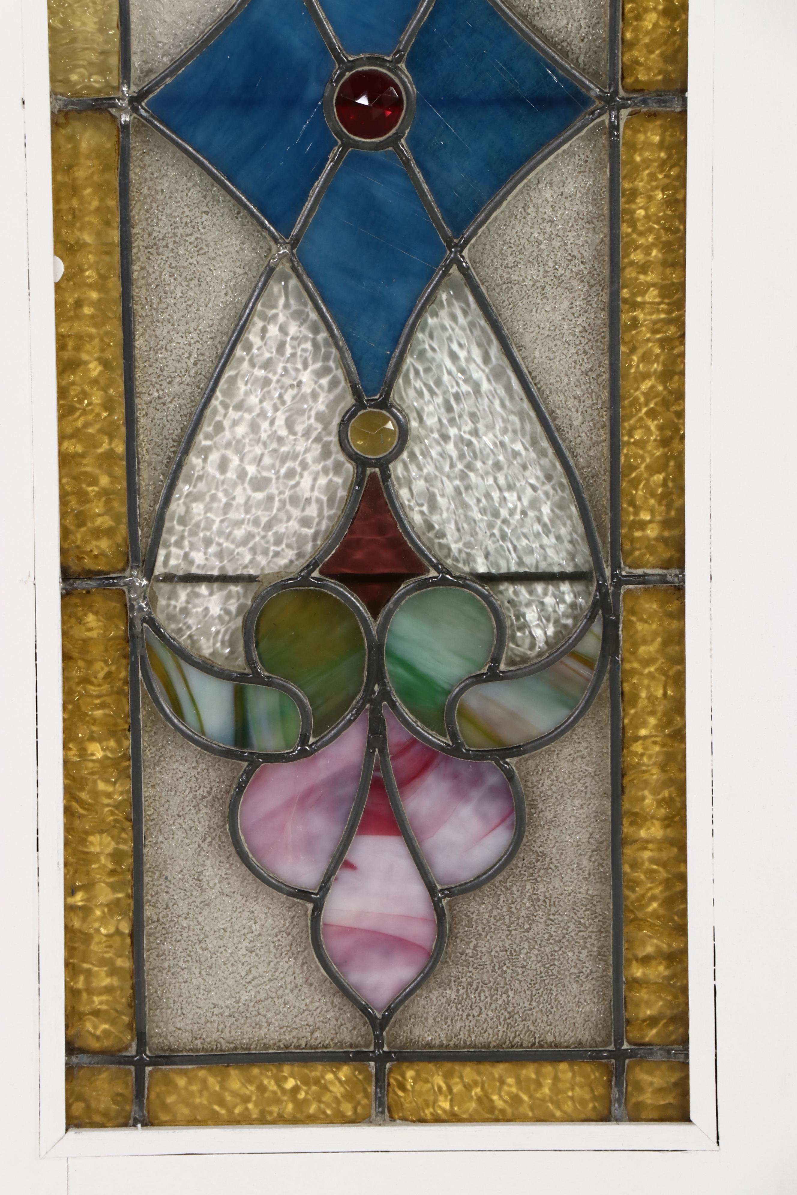 Pair of Art Nouveau Stained and Slag Glass Slim Panels in Frames