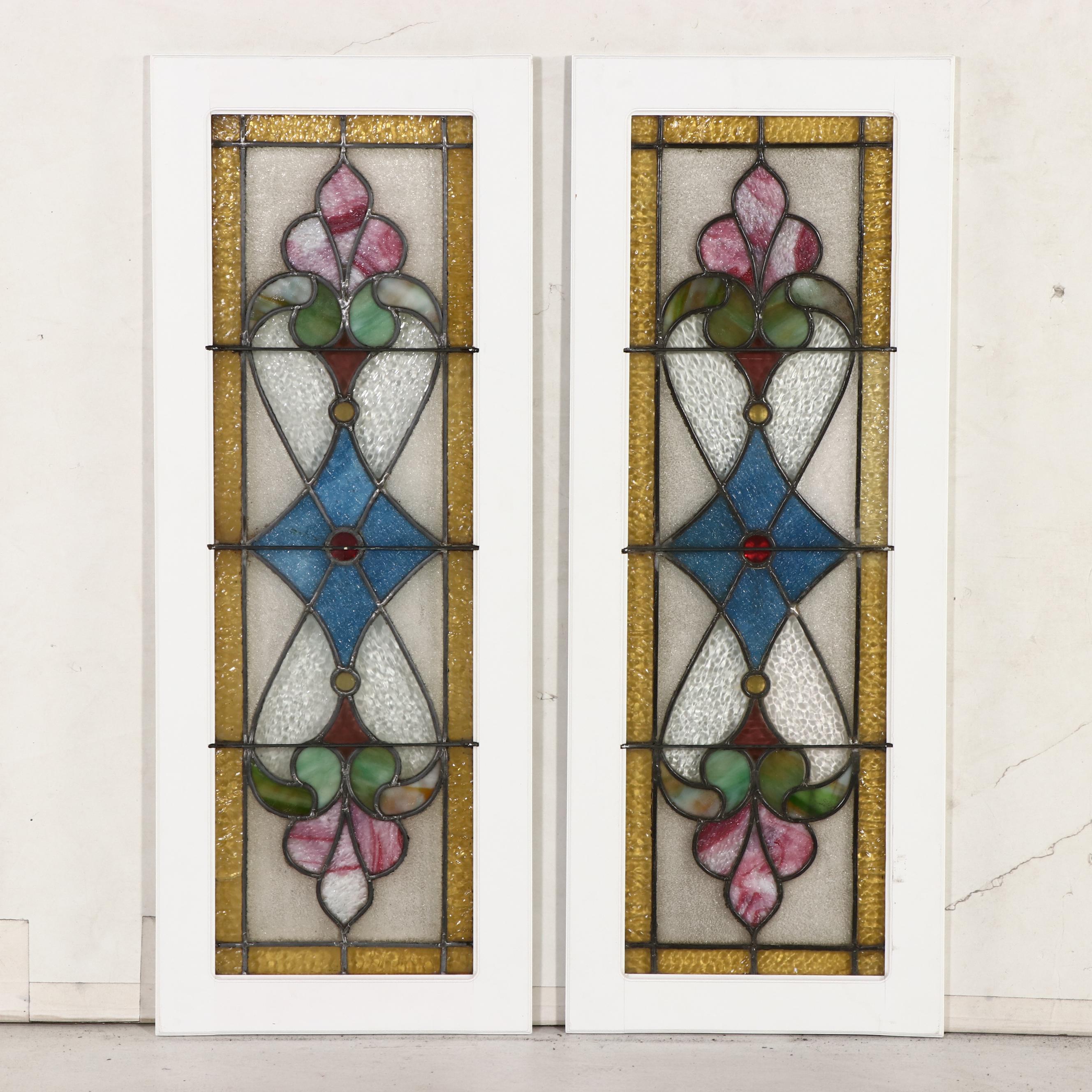 Pair of Art Nouveau Stained and Slag Glass Slim Panels in Frames