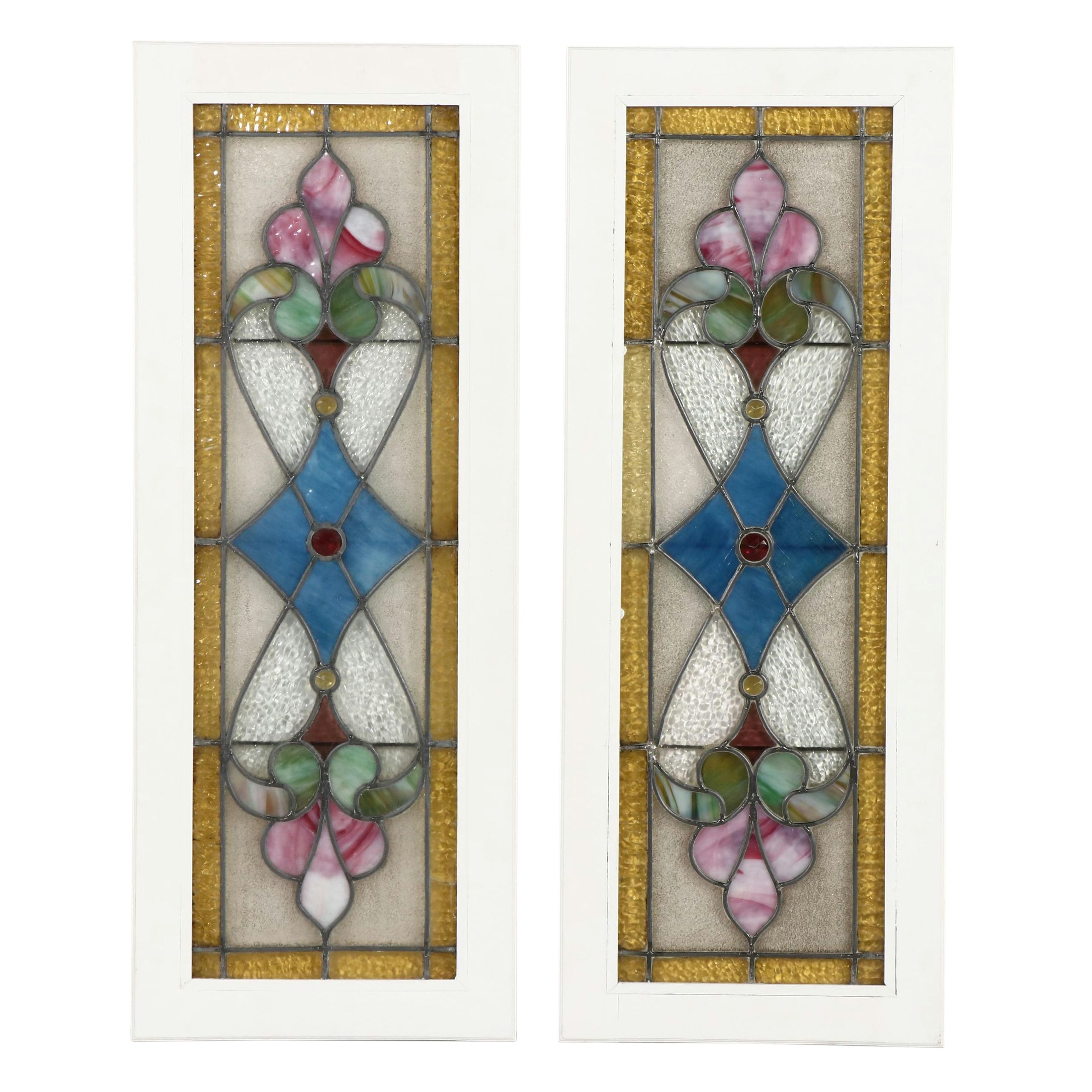 Pair of Art Nouveau Stained and Slag Glass Slim Panels in Frames