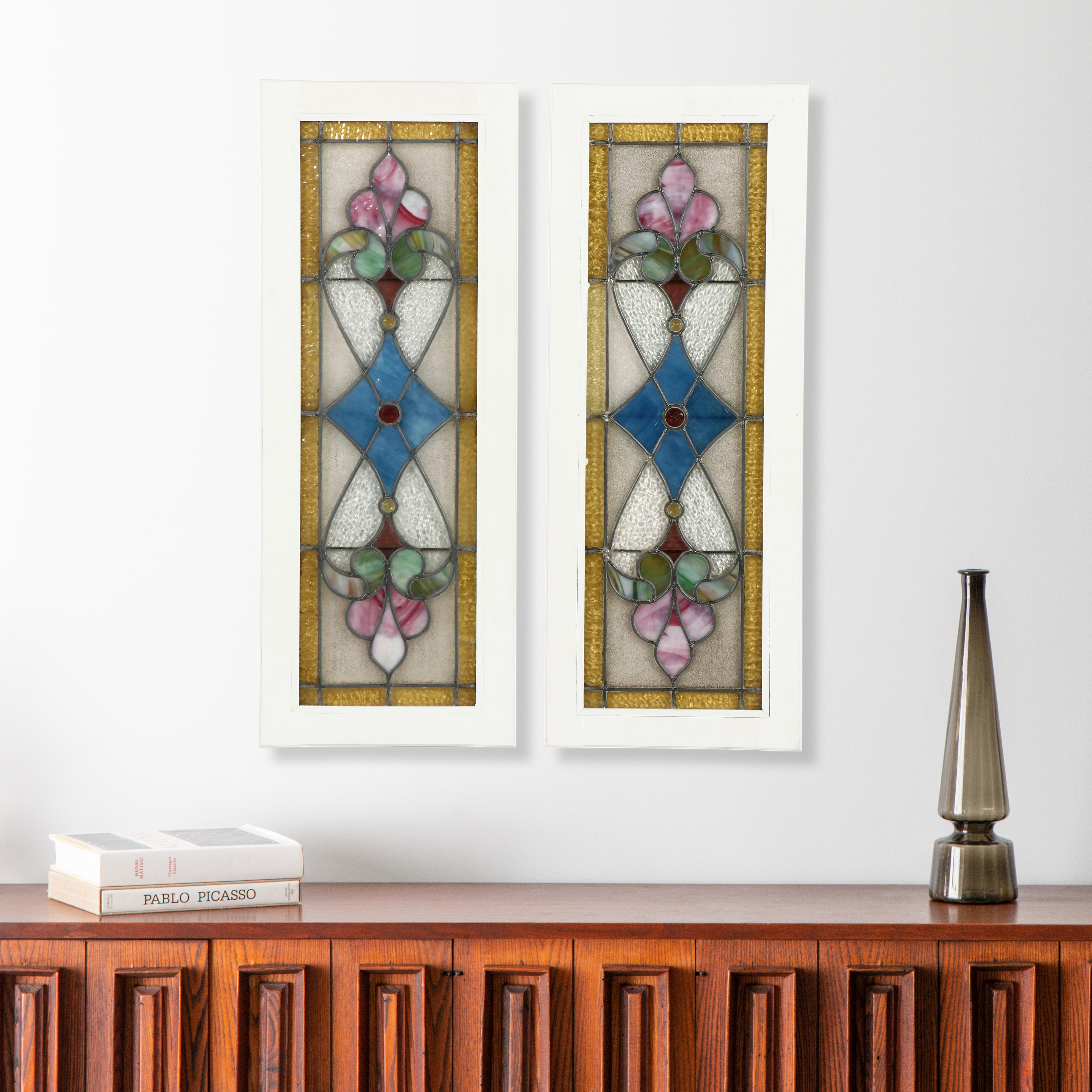 Pair of Art Nouveau Stained and Slag Glass Slim Panels in Frames