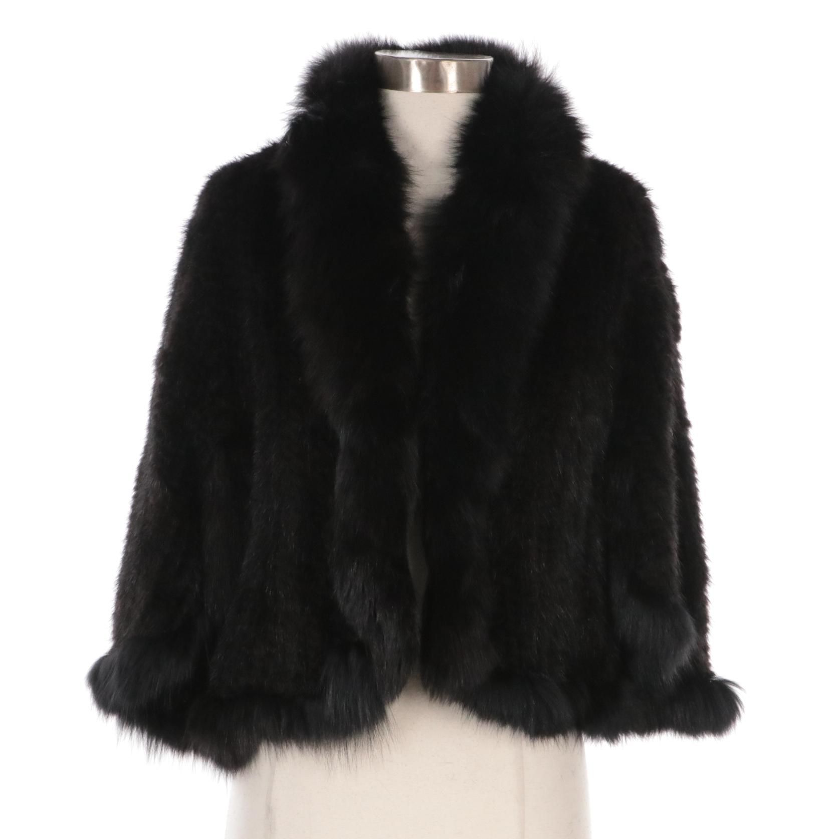 Mink Flat Fur Woven Capelet with Fox Fur Trim