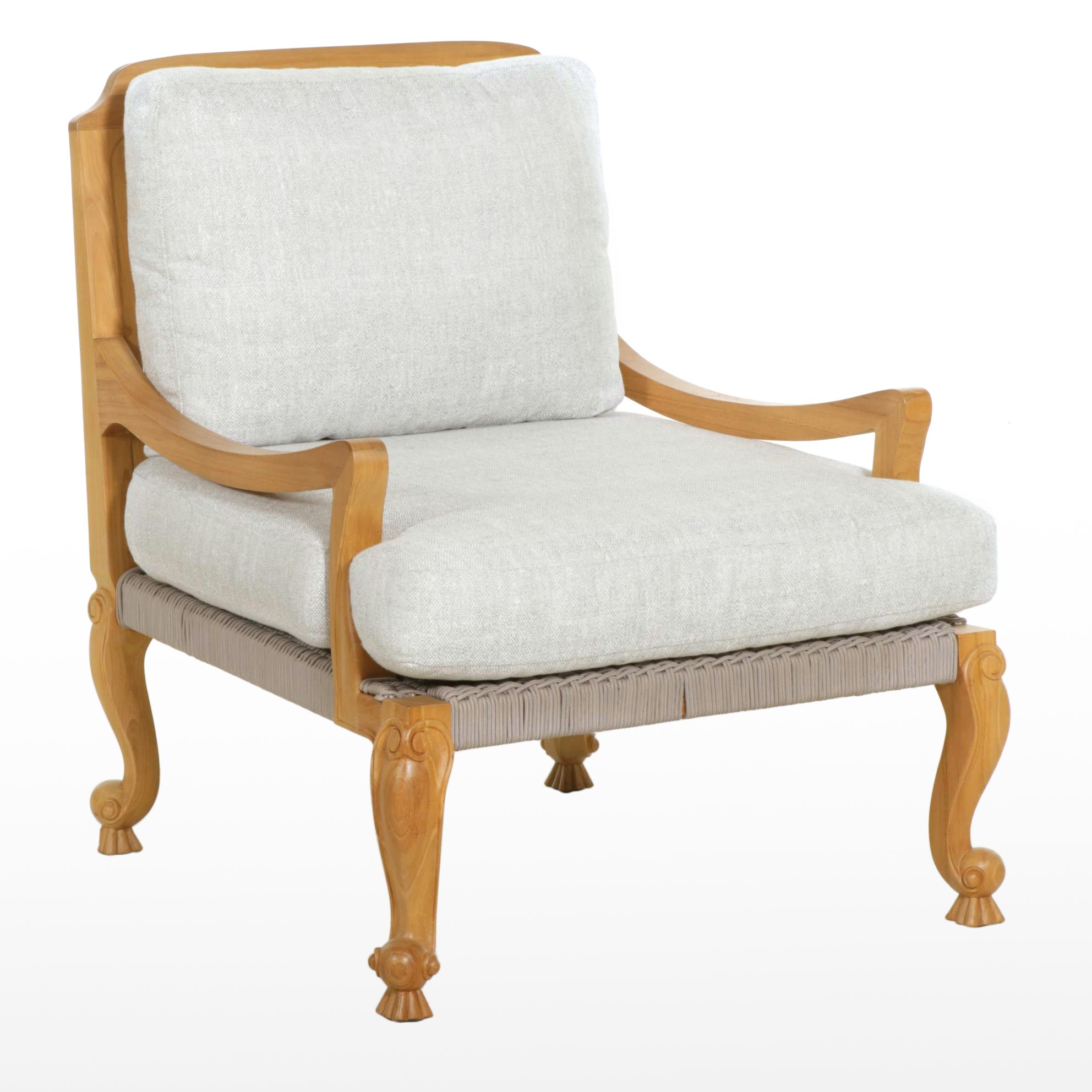 Carved Wood Patio Armchair with Woven Cord Seat Support, 21st Century