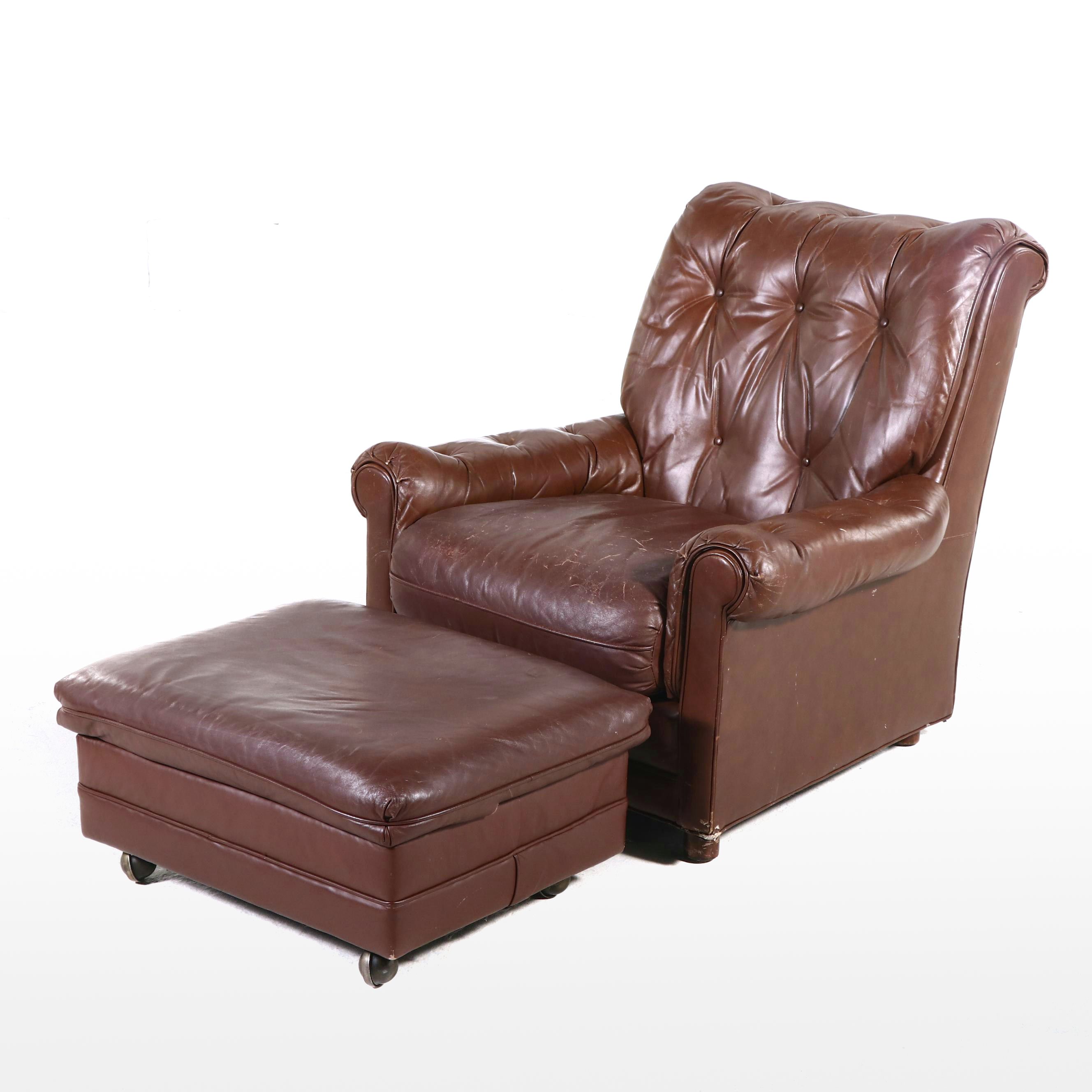 Hancock & Moore Brown Leather Armchair and Ottoman, Late 20th Century