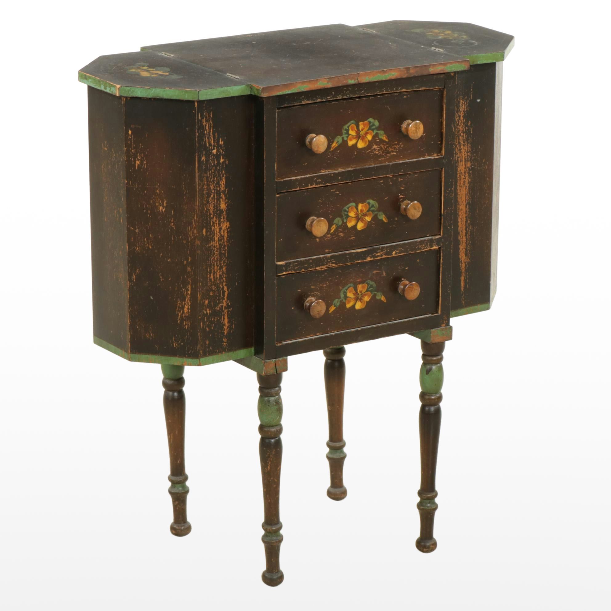 Painted Martha Washington Style Knitting Table, Early 20th Century