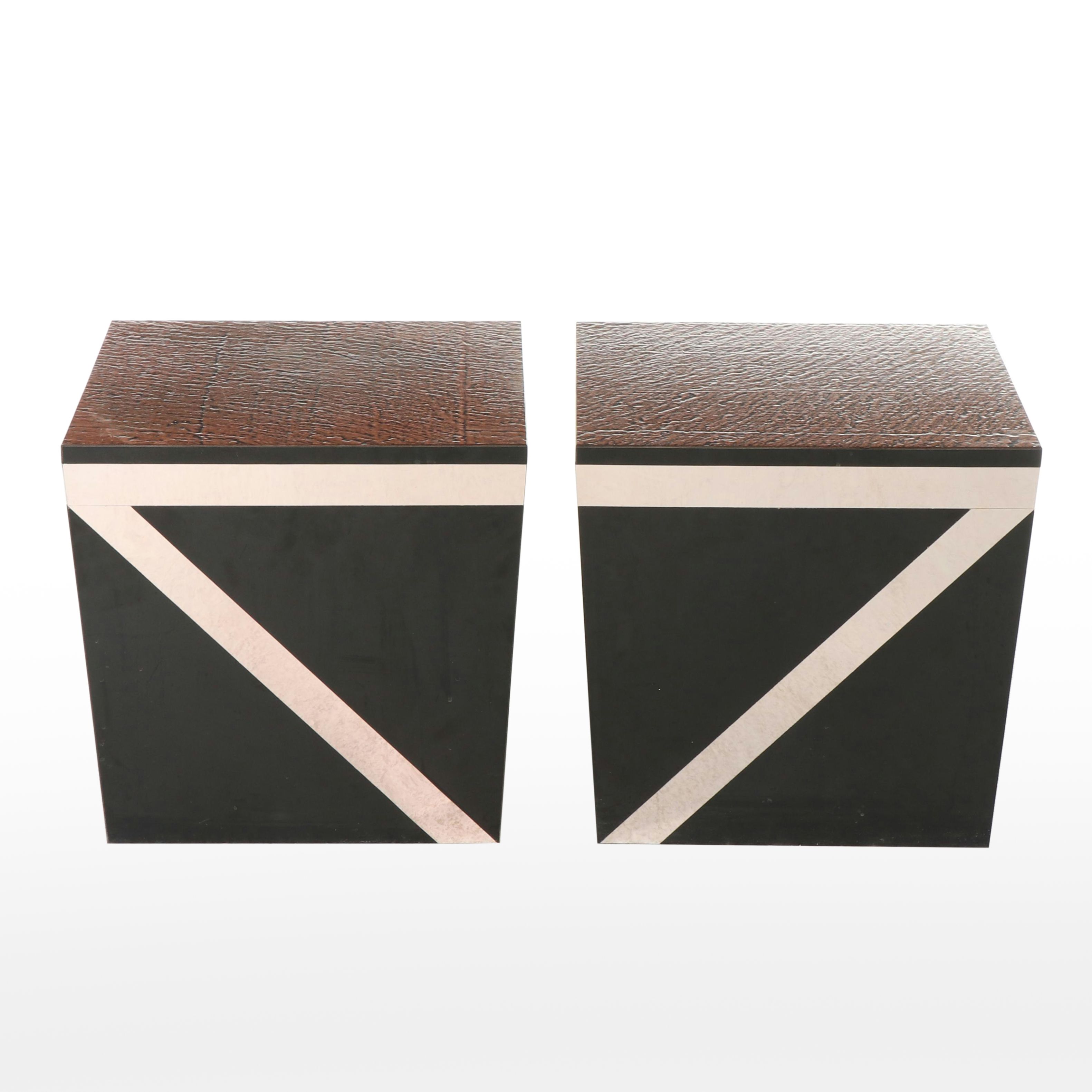 Two Modernist Style Black Laminate, Chrome-Mounted, & Copper-Clad Storage Cubes