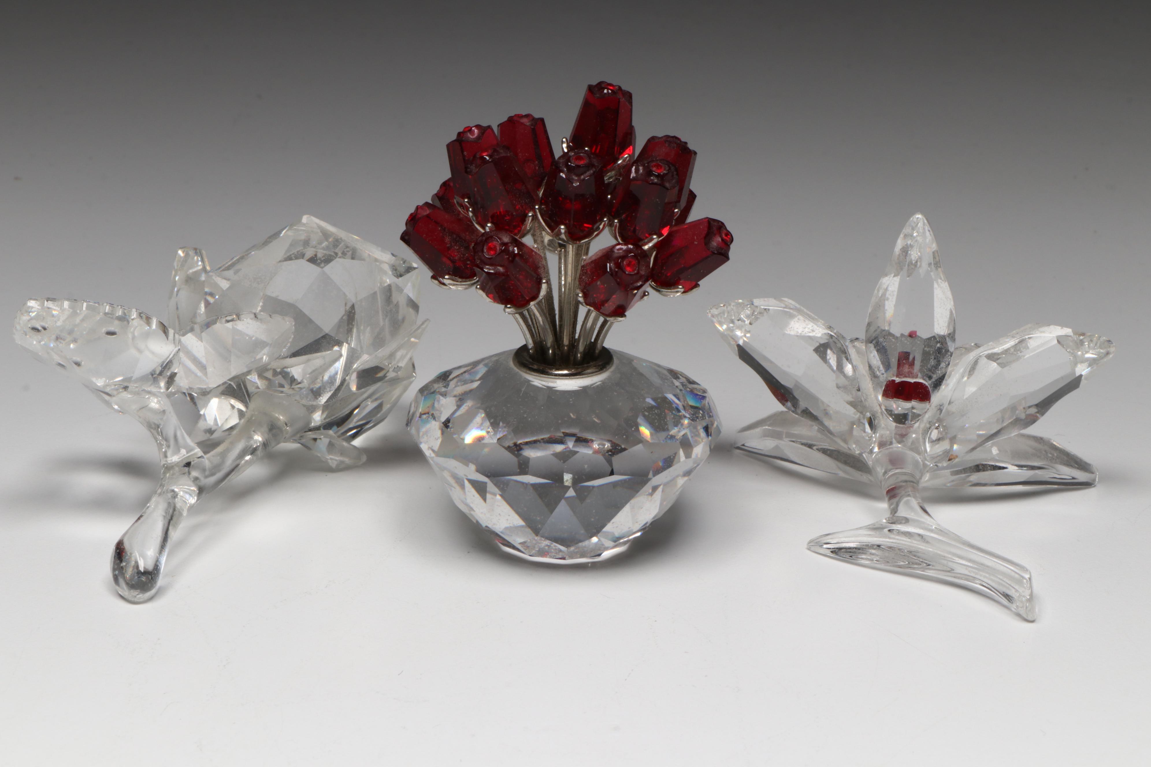 Swarovski "Vase of Roses," "The Rose," and "Orchid Blossom" Crystal Figurines