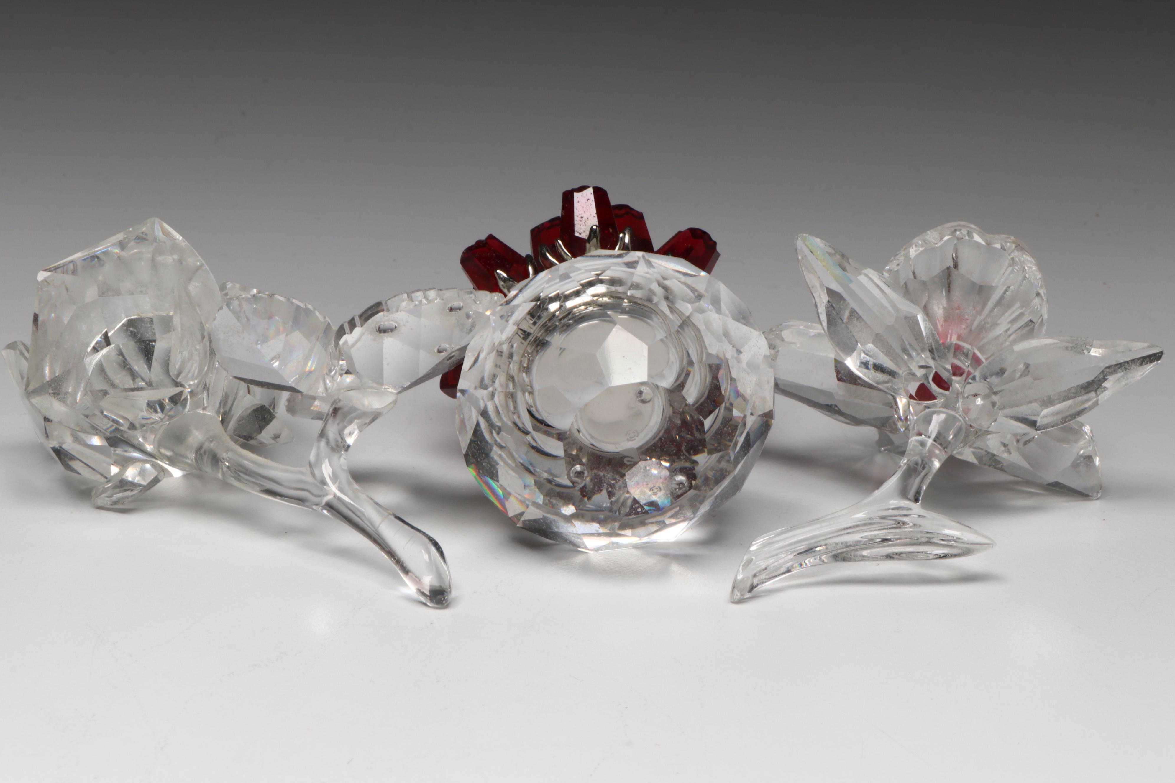 Swarovski "Vase of Roses," "The Rose," and "Orchid Blossom" Crystal Figurines