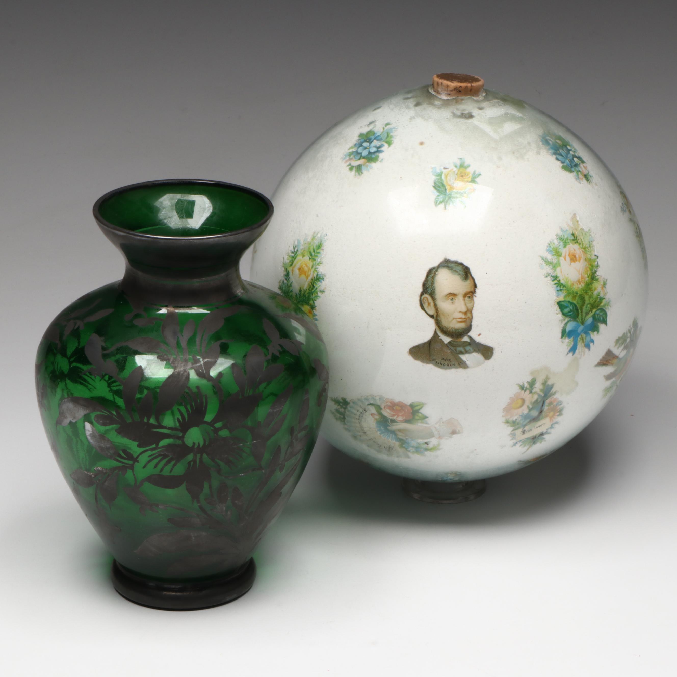 Victorian Potichomania Blown Glass Gazing Ball with Painted Silver Overlay Vase