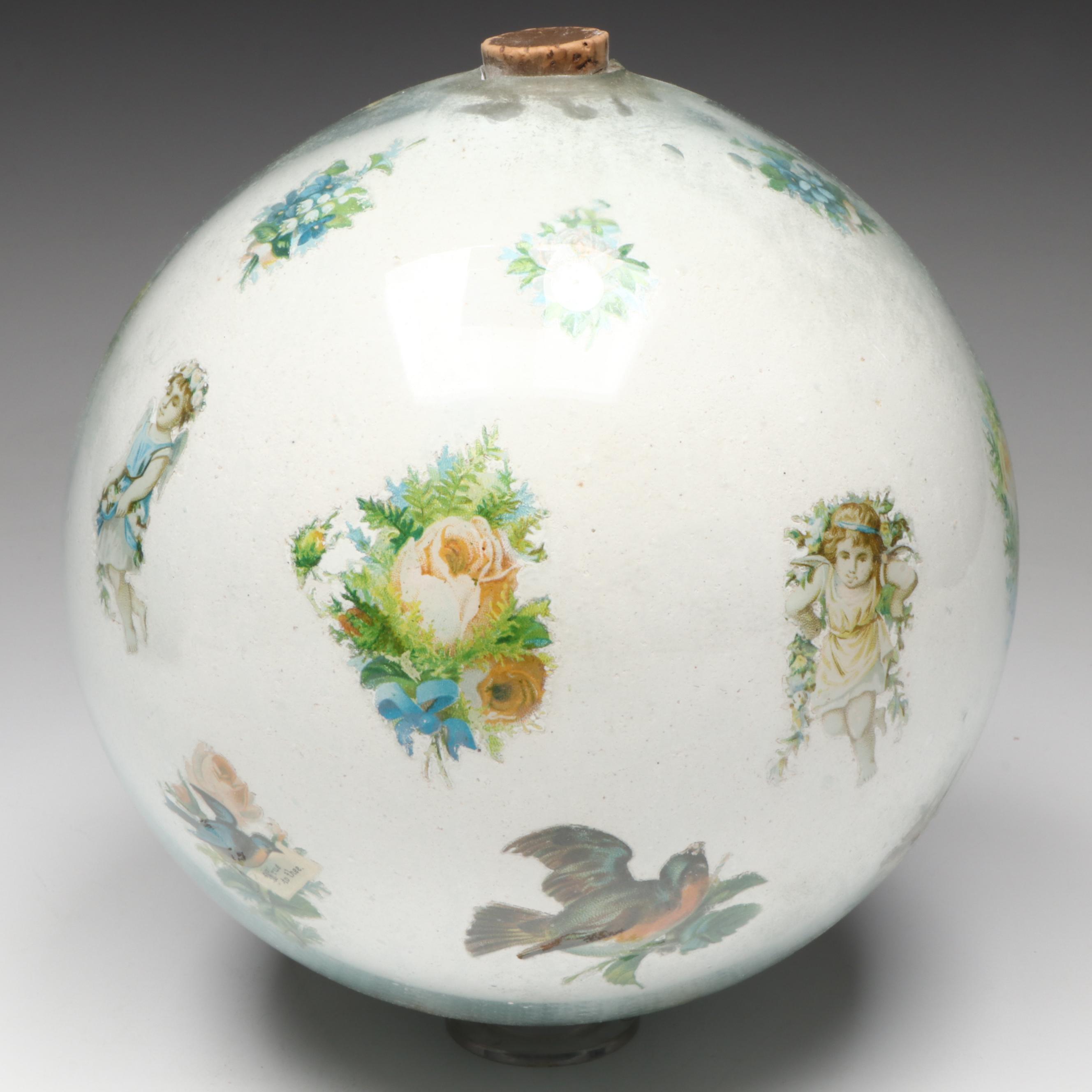 Victorian Potichomania Blown Glass Gazing Ball with Painted Silver Overlay Vase