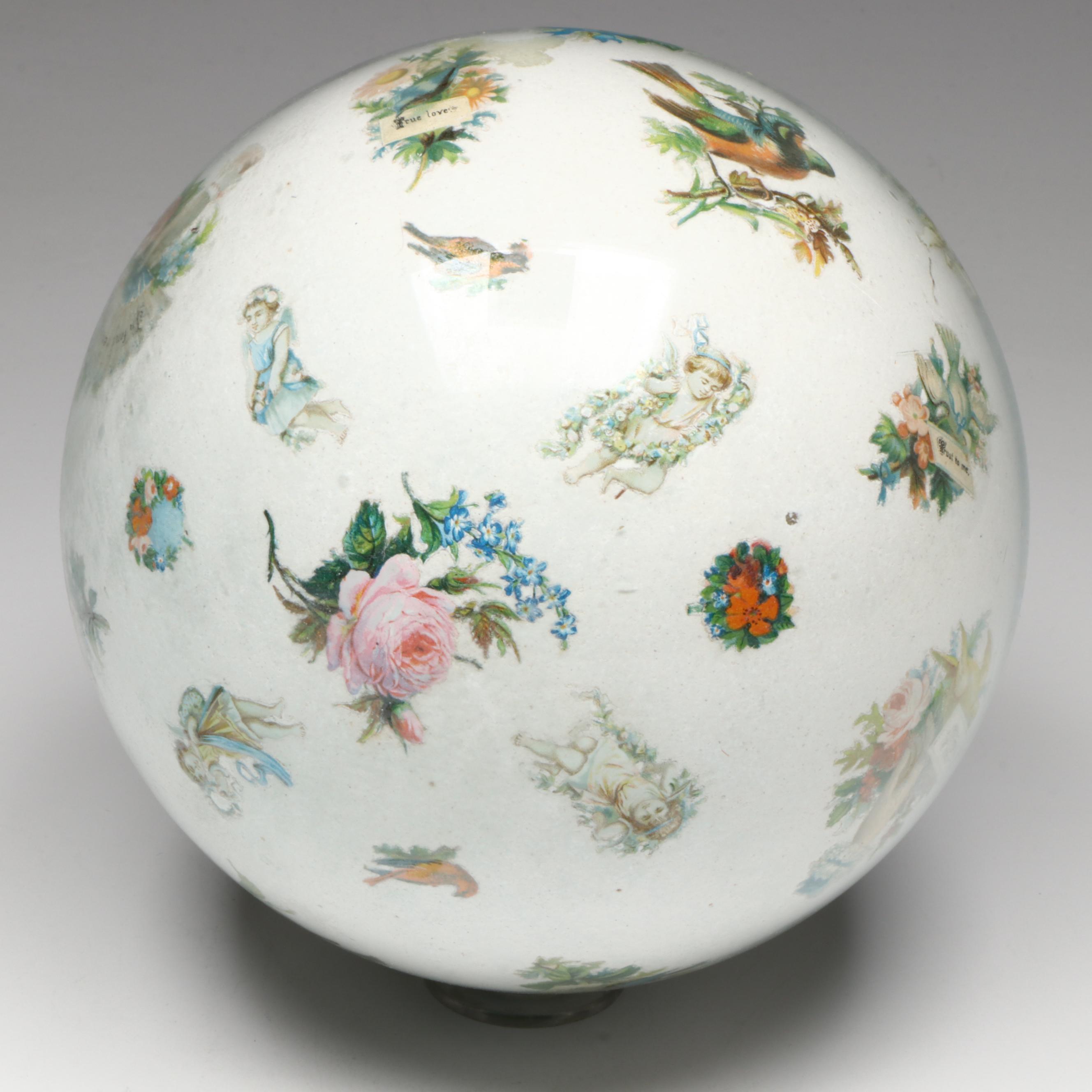 Victorian Potichomania Blown Glass Gazing Ball with Painted Silver Overlay Vase