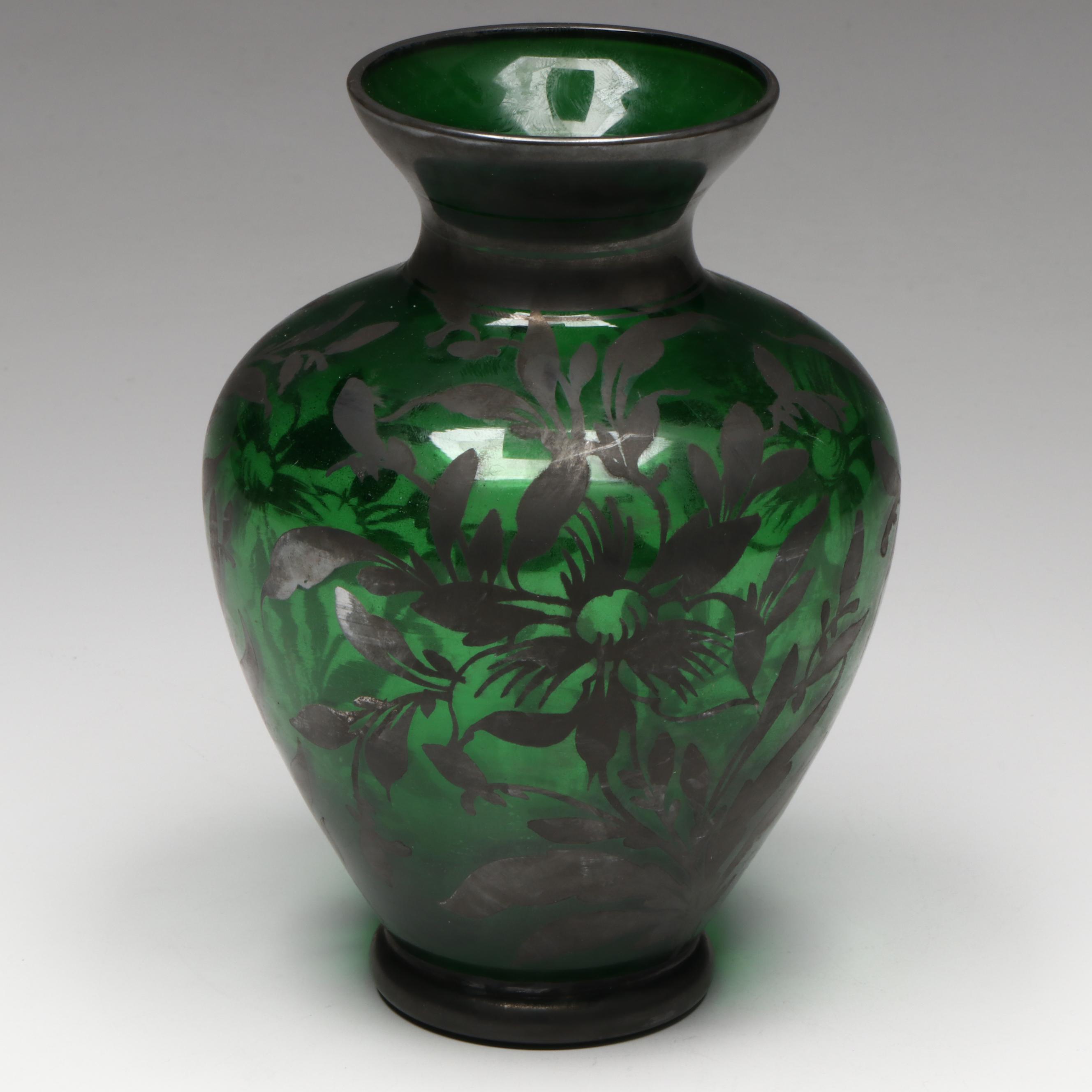 Victorian Potichomania Blown Glass Gazing Ball with Painted Silver Overlay Vase