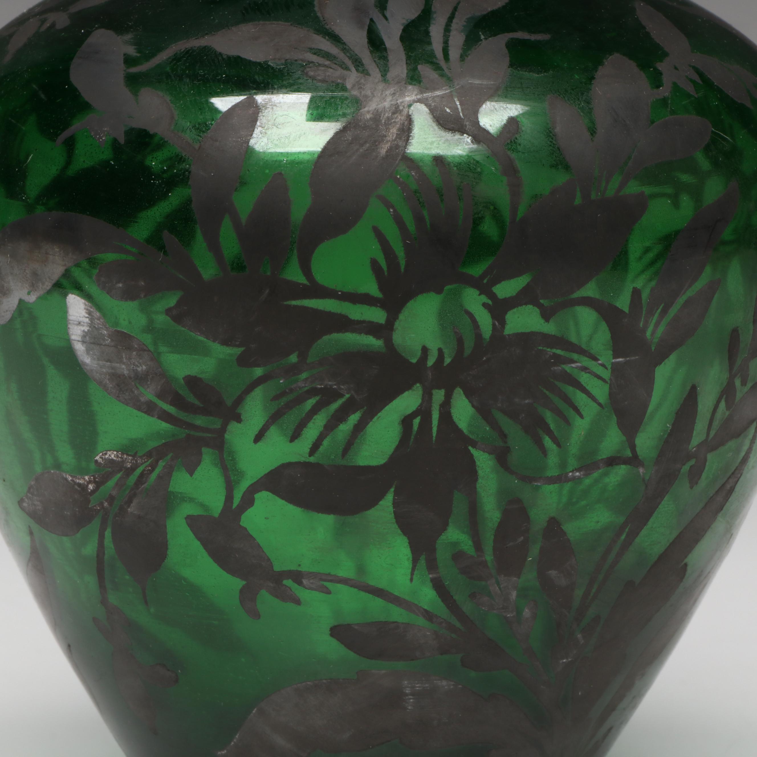 Victorian Potichomania Blown Glass Gazing Ball with Painted Silver Overlay Vase