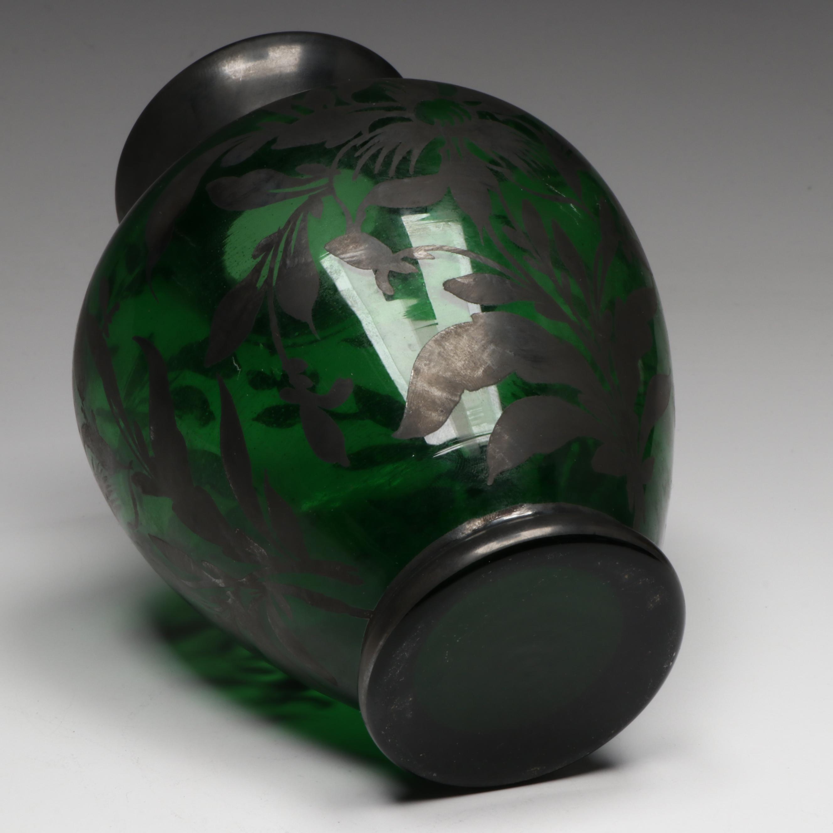 Victorian Potichomania Blown Glass Gazing Ball with Painted Silver Overlay Vase