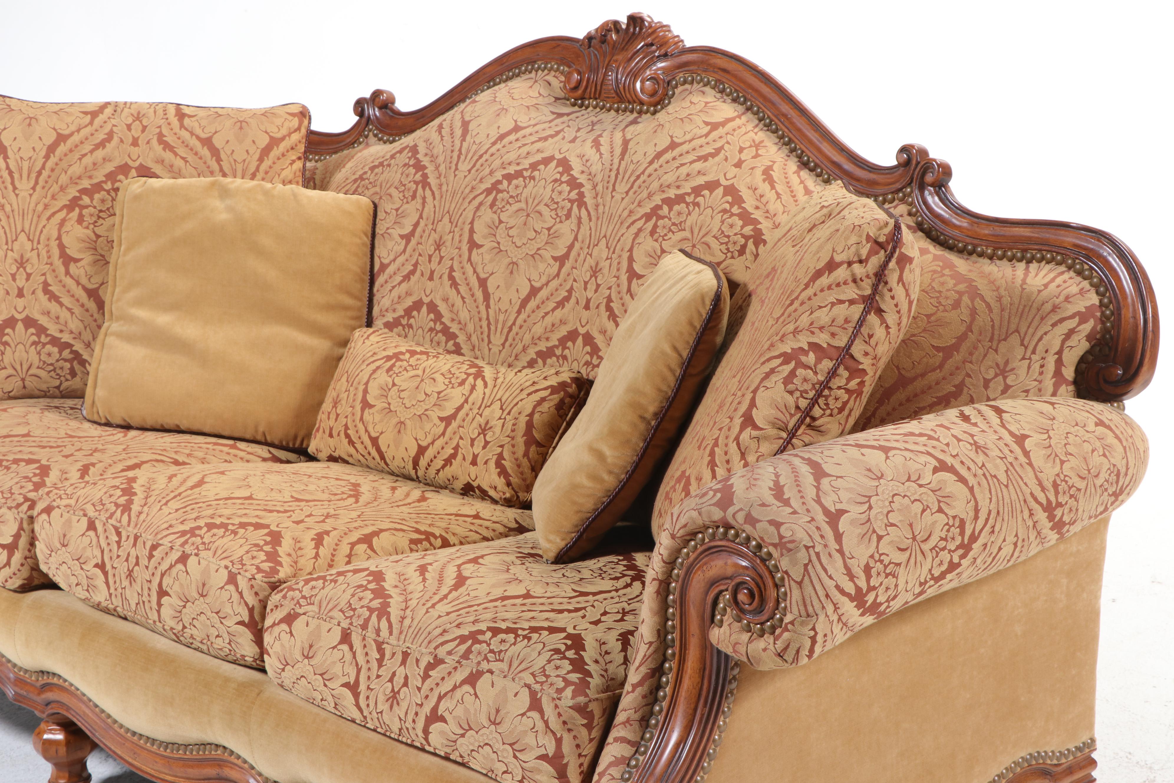Thomasville French Provincial Style Fruitwood-Stained & Custom-Upholstered Sofa