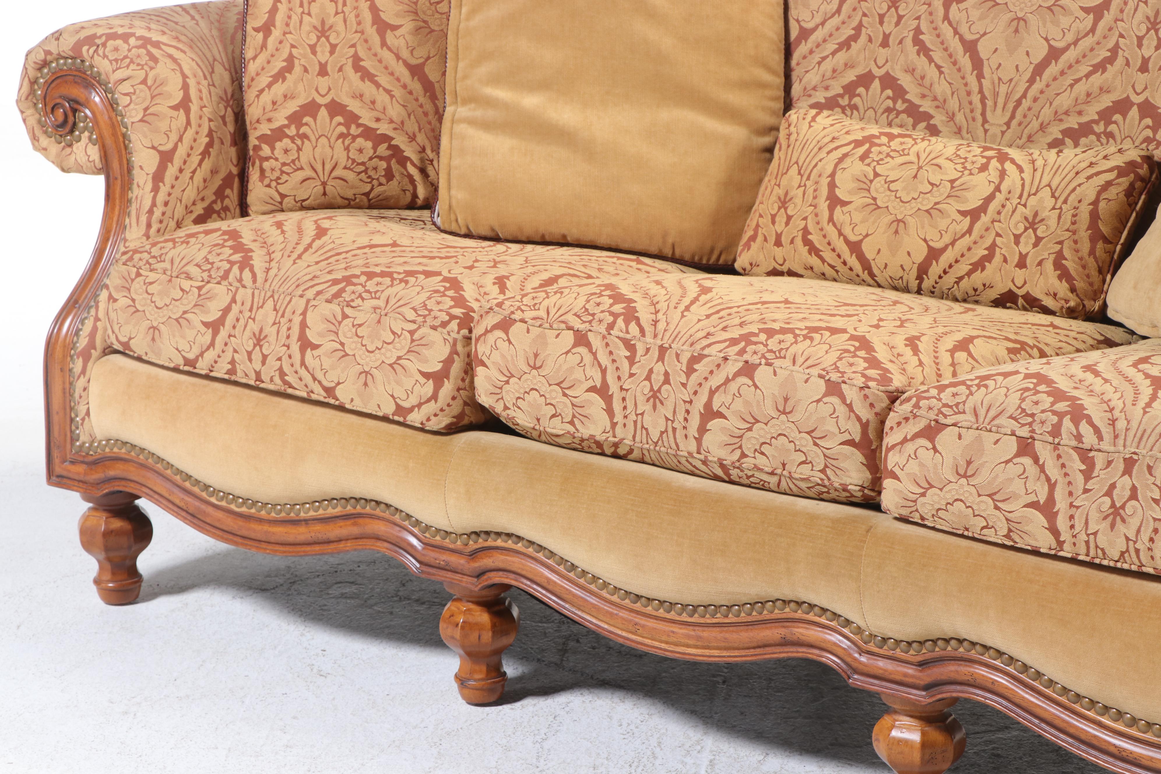 Thomasville French Provincial Style Fruitwood-Stained & Custom-Upholstered Sofa
