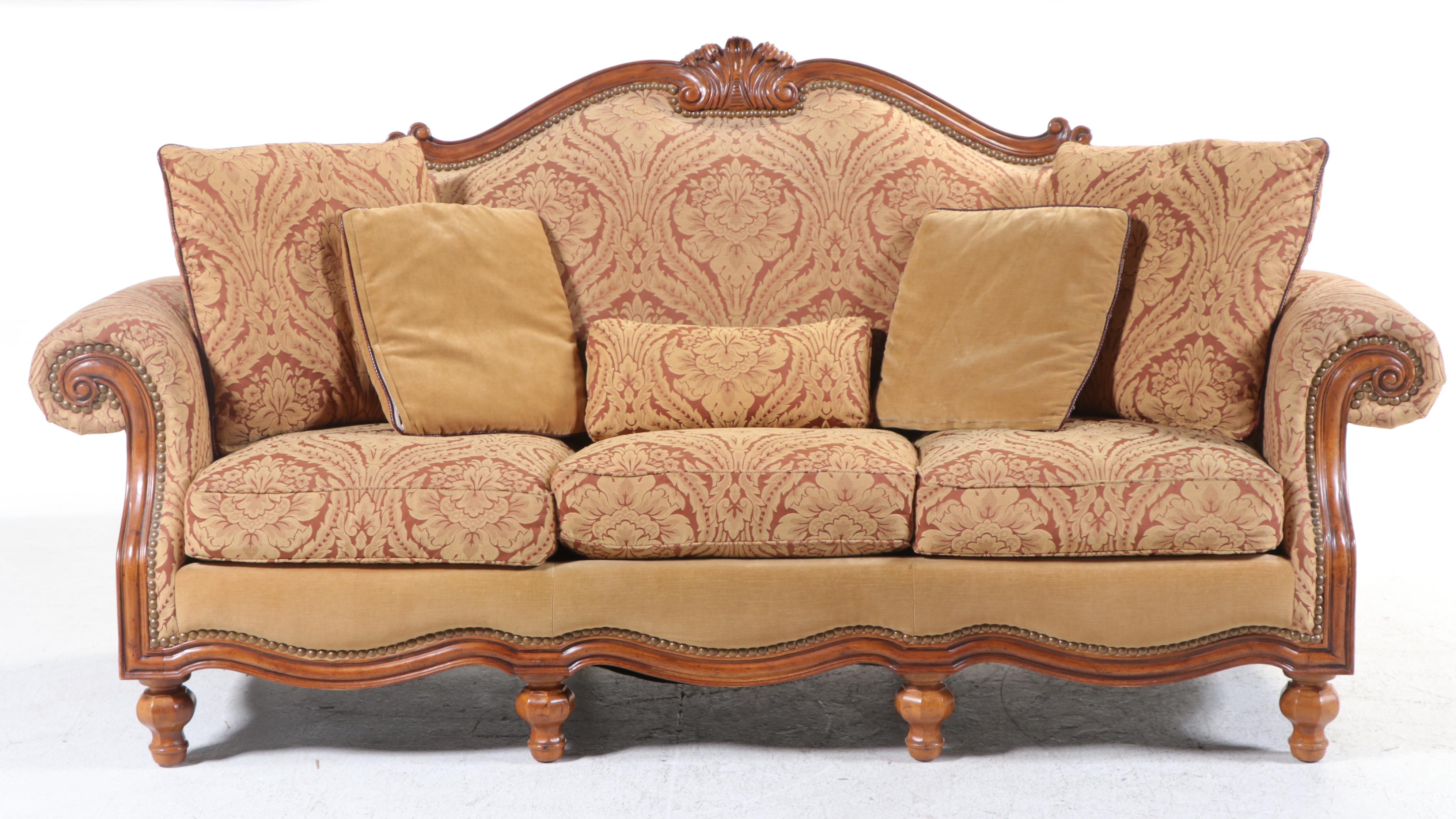 Thomasville French Provincial Style Fruitwood-Stained & Custom-Upholstered Sofa