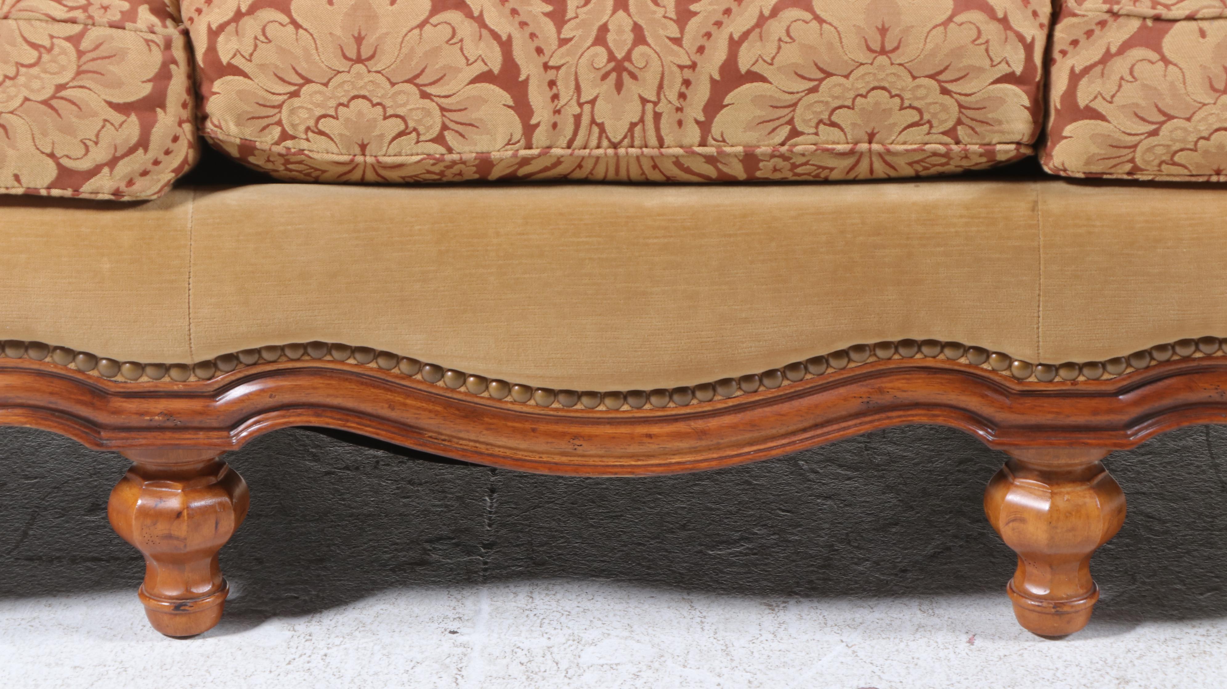 Thomasville French Provincial Style Fruitwood-Stained & Custom-Upholstered Sofa