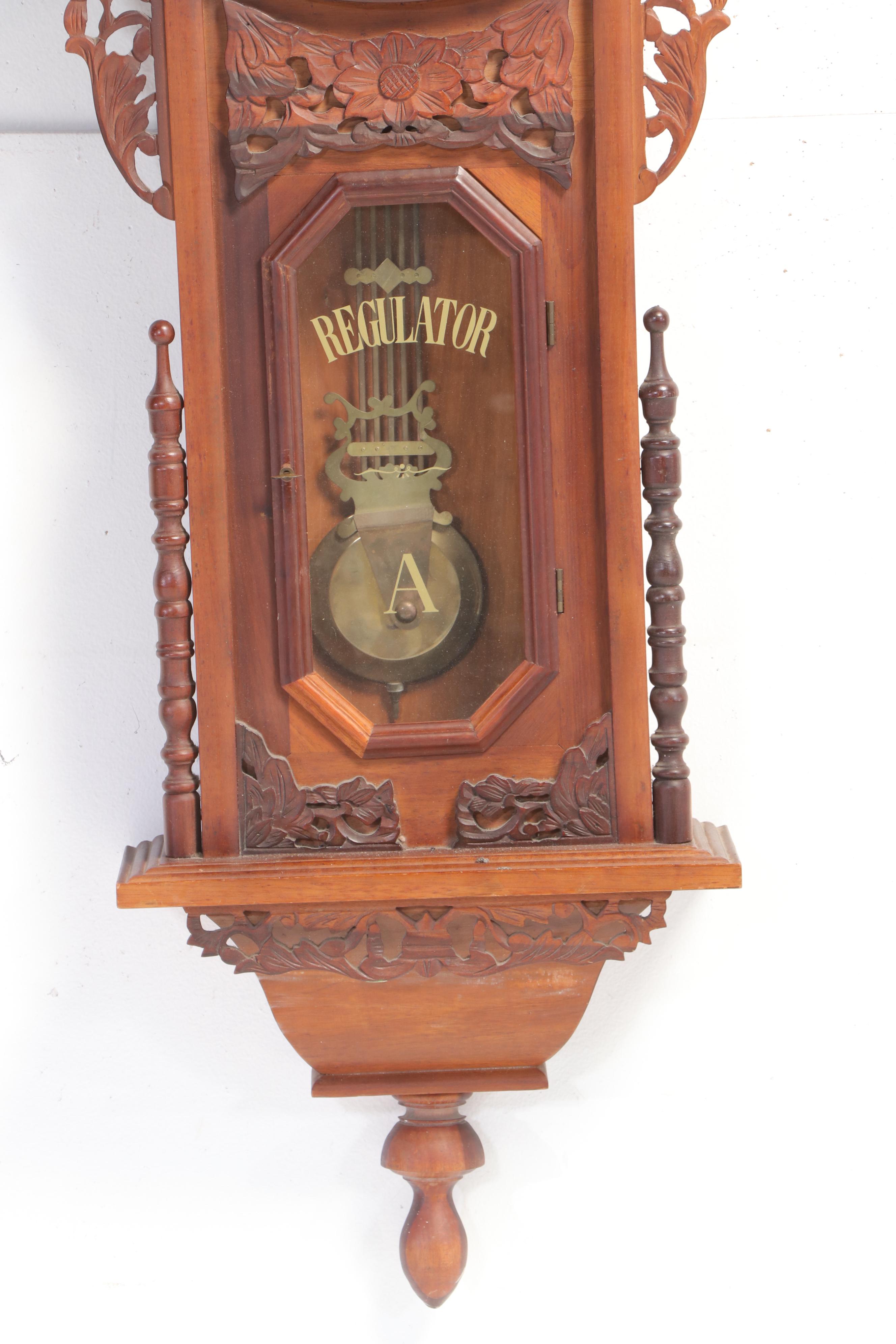 Carved Wood Regulator Wall Clock, Mid to Late 20th Century