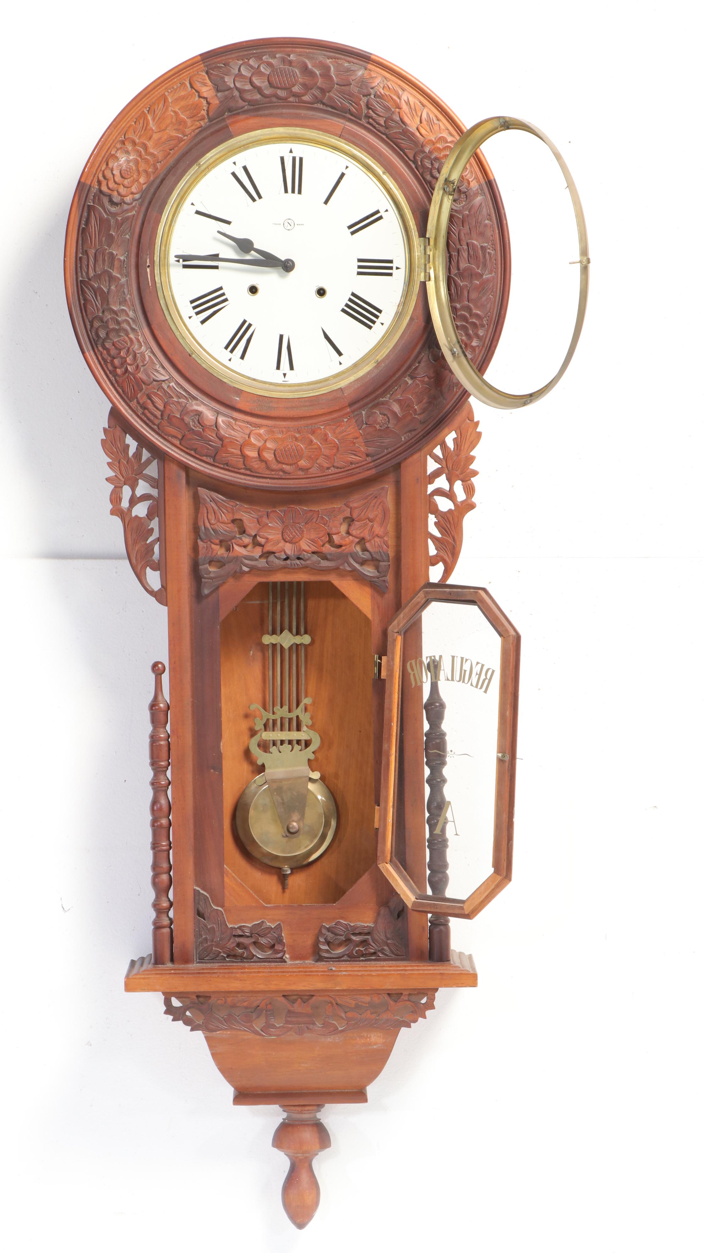 Carved Wood Regulator Wall Clock, Mid to Late 20th Century