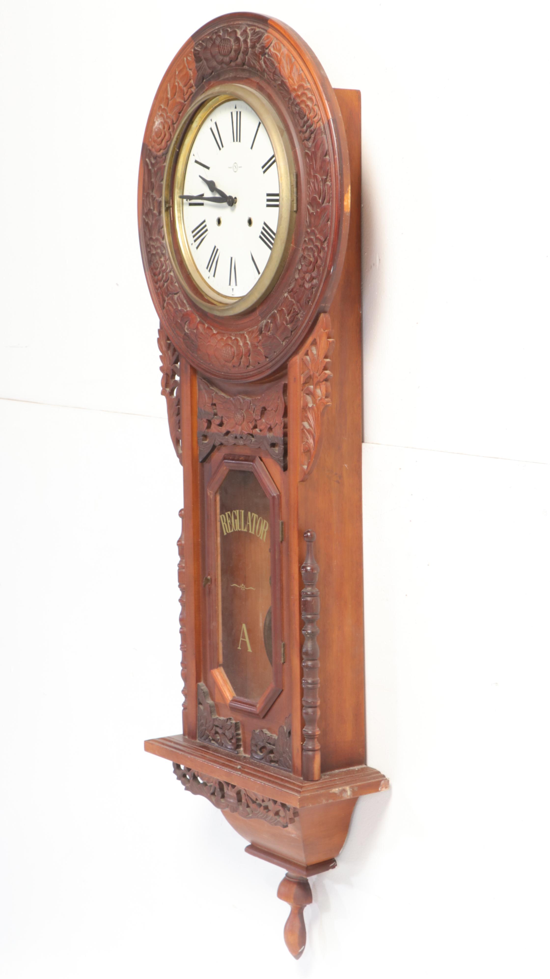 Carved Wood Regulator Wall Clock, Mid to Late 20th Century