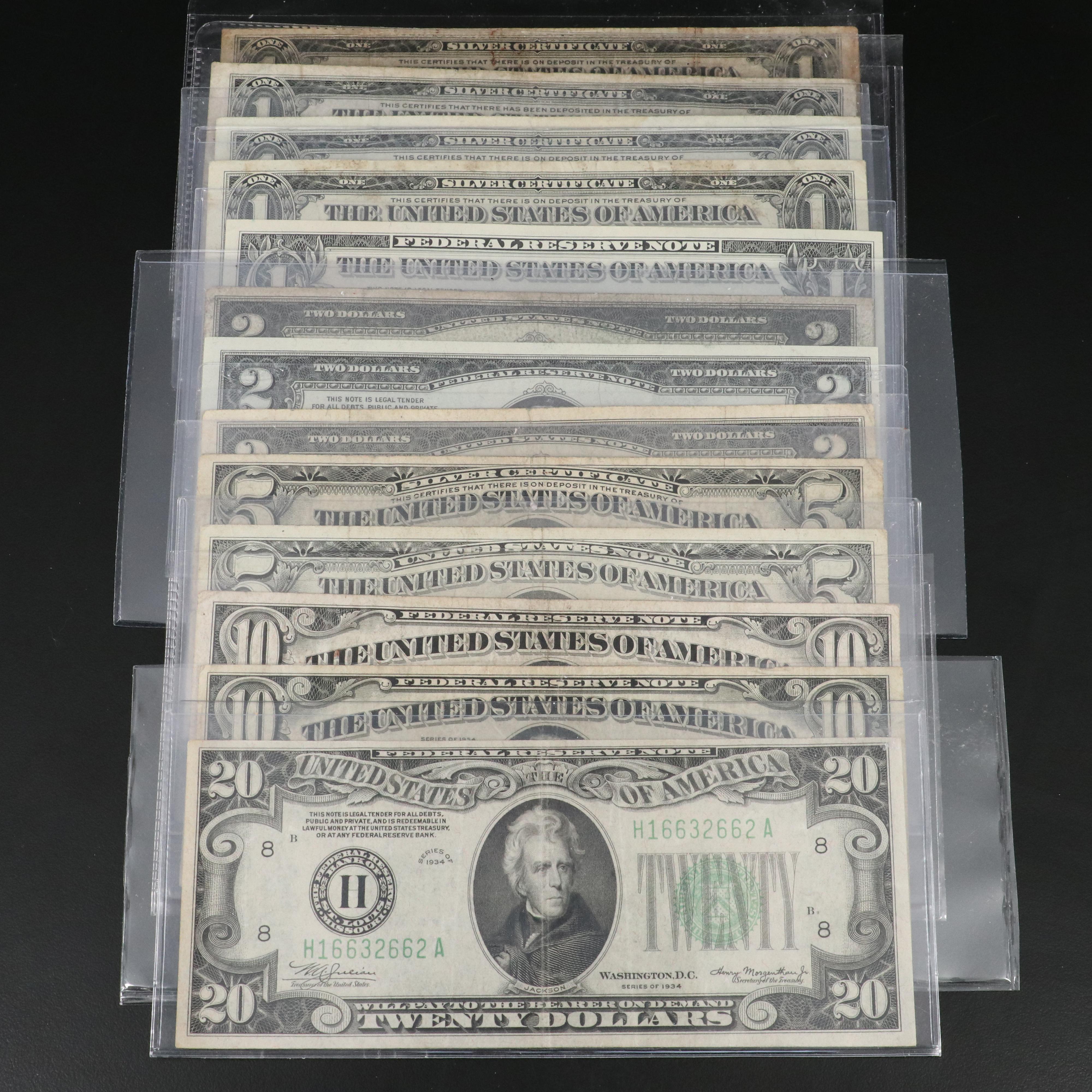 13 Different U.S. Currency Notes with a 1928 One Dollar Funny Back